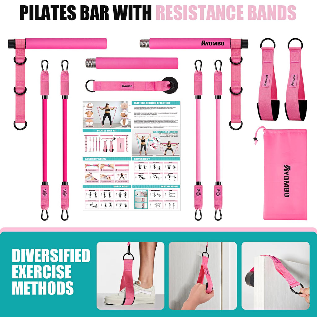 Pilates Bar Kit with Resistance Bands – Adjustable 3-Section Home Workout Set