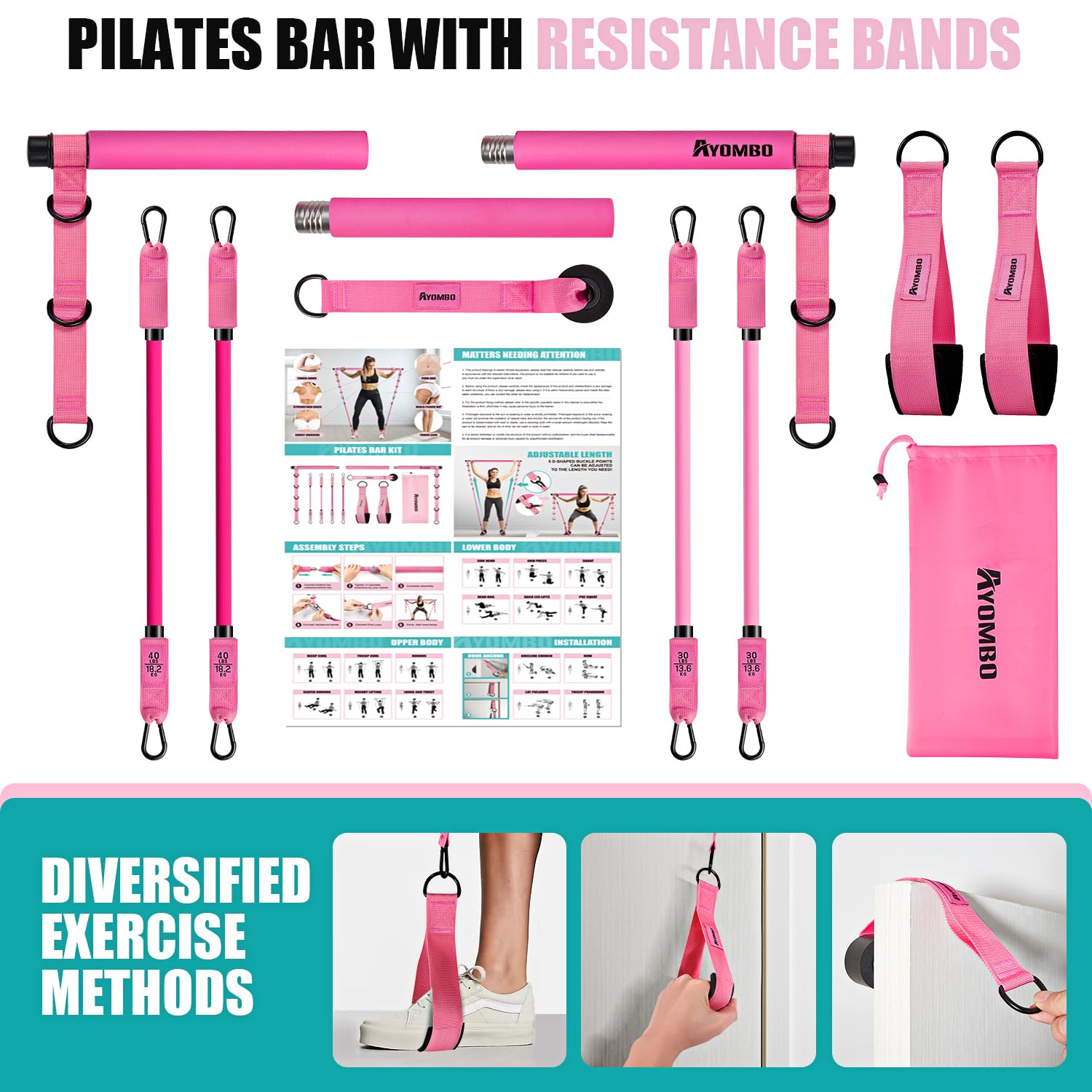 Pilates Bar Kit with Resistance Bands – Adjustable 3-Section Home Workout Set