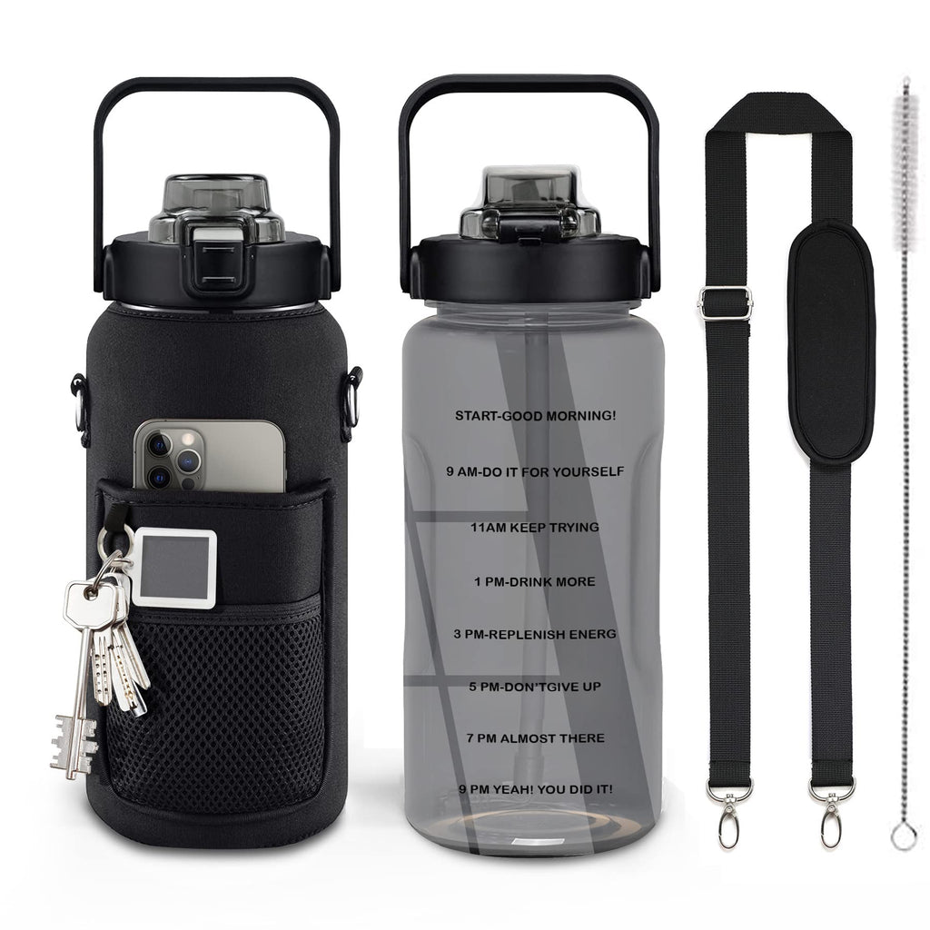 Half Gallon Water Bottle with Sleeve – 64 oz Motivational Bottle with Straw & Time Marker