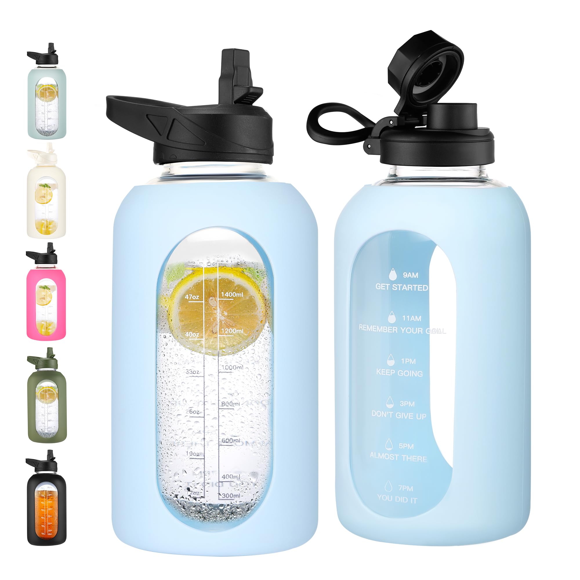 40 oz Glass Water Bottle with Straw & Time Marker – Motivational Bottle with Sleeve