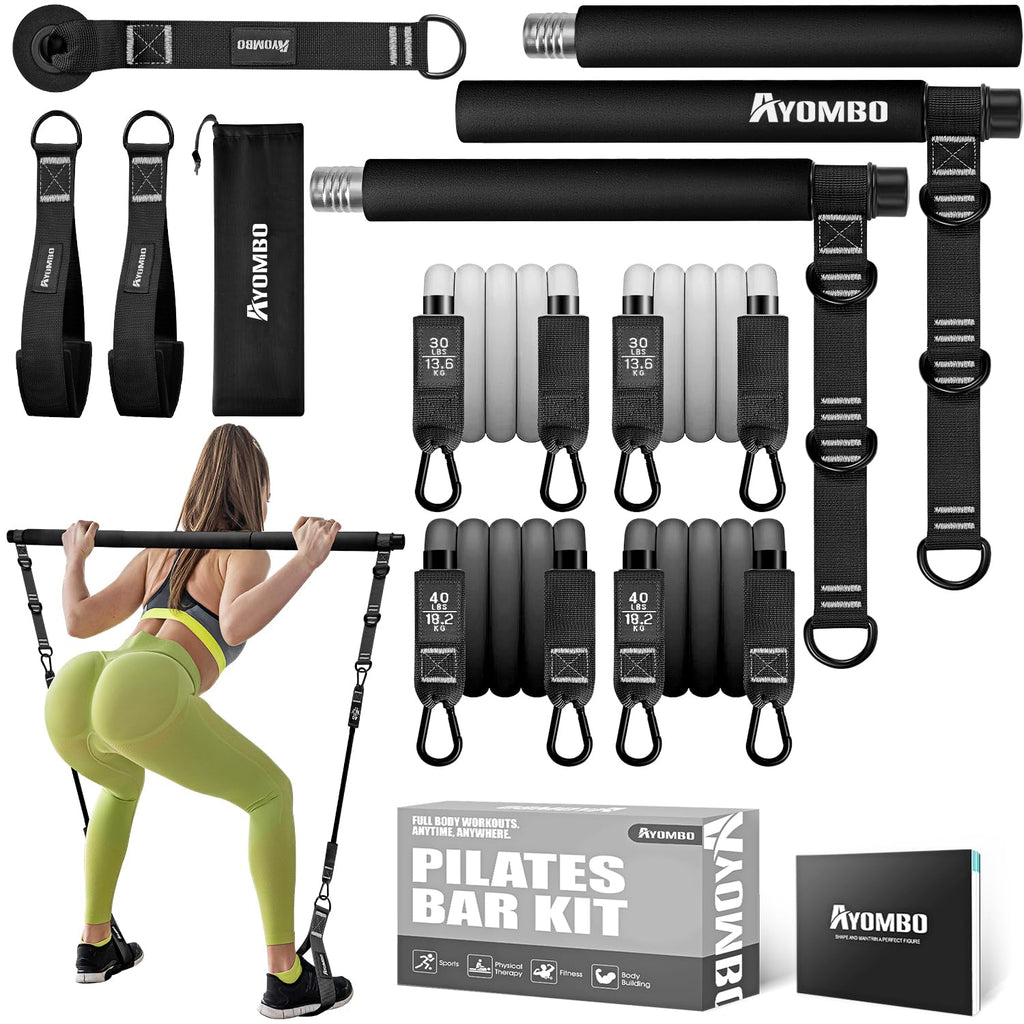 Pilates Bar Kit with Resistance Bands – Adjustable 3-Section Home Workout Set