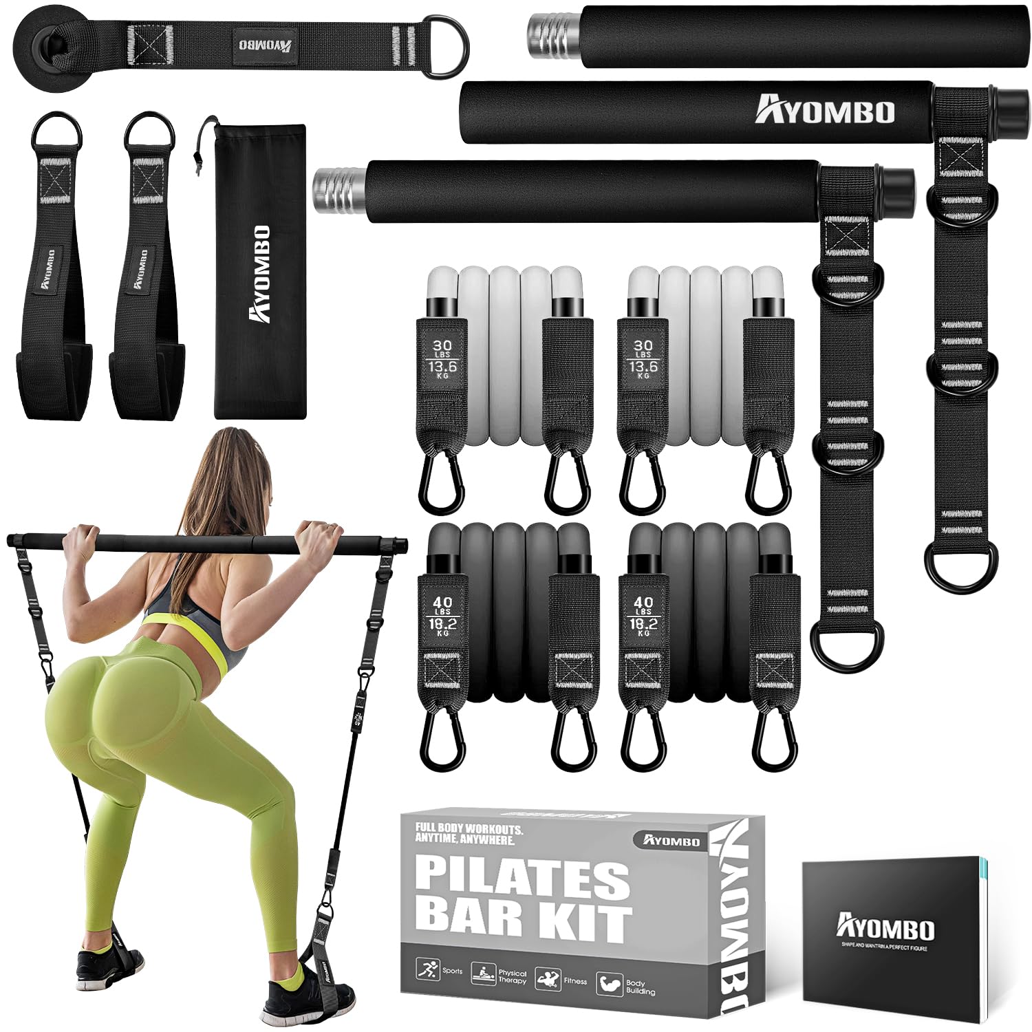 Pilates Bar Kit with Resistance Bands – Adjustable 3-Section Home Workout Set