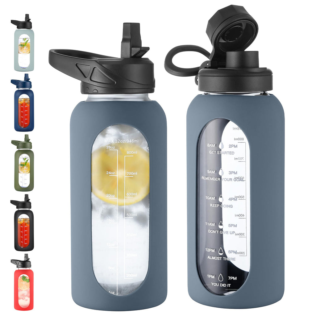 40 oz Glass Water Bottle with Straw & Time Marker – Motivational Bottle with Sleeve