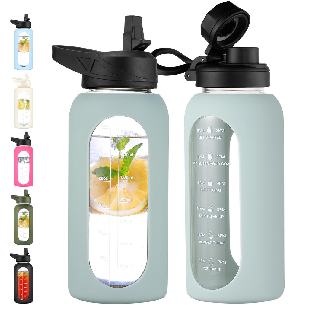 40 oz Glass Water Bottle with Straw & Time Marker – Motivational Bottle with Sleeve
