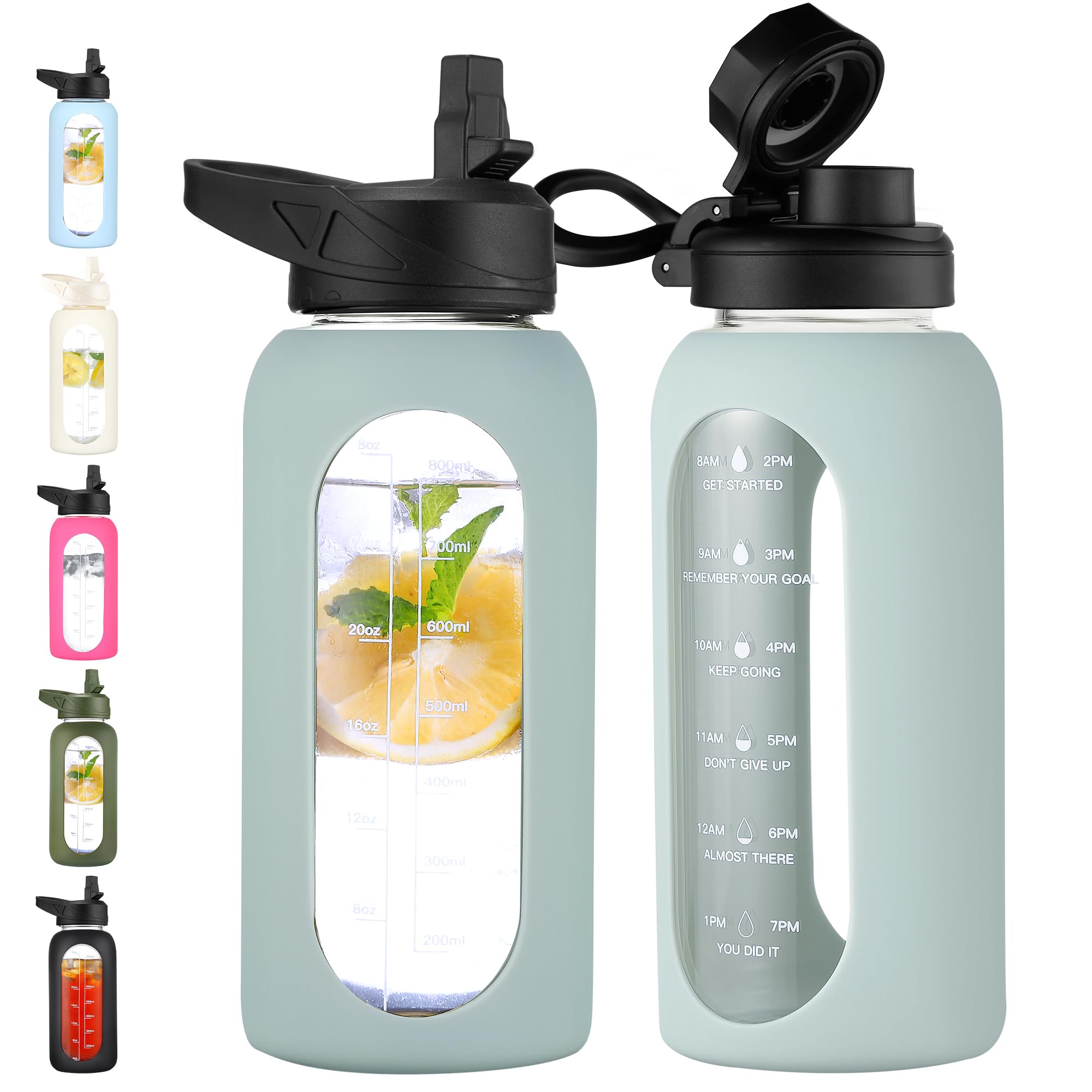 40 oz Glass Water Bottle with Straw & Time Marker – Motivational Bottle with Sleeve