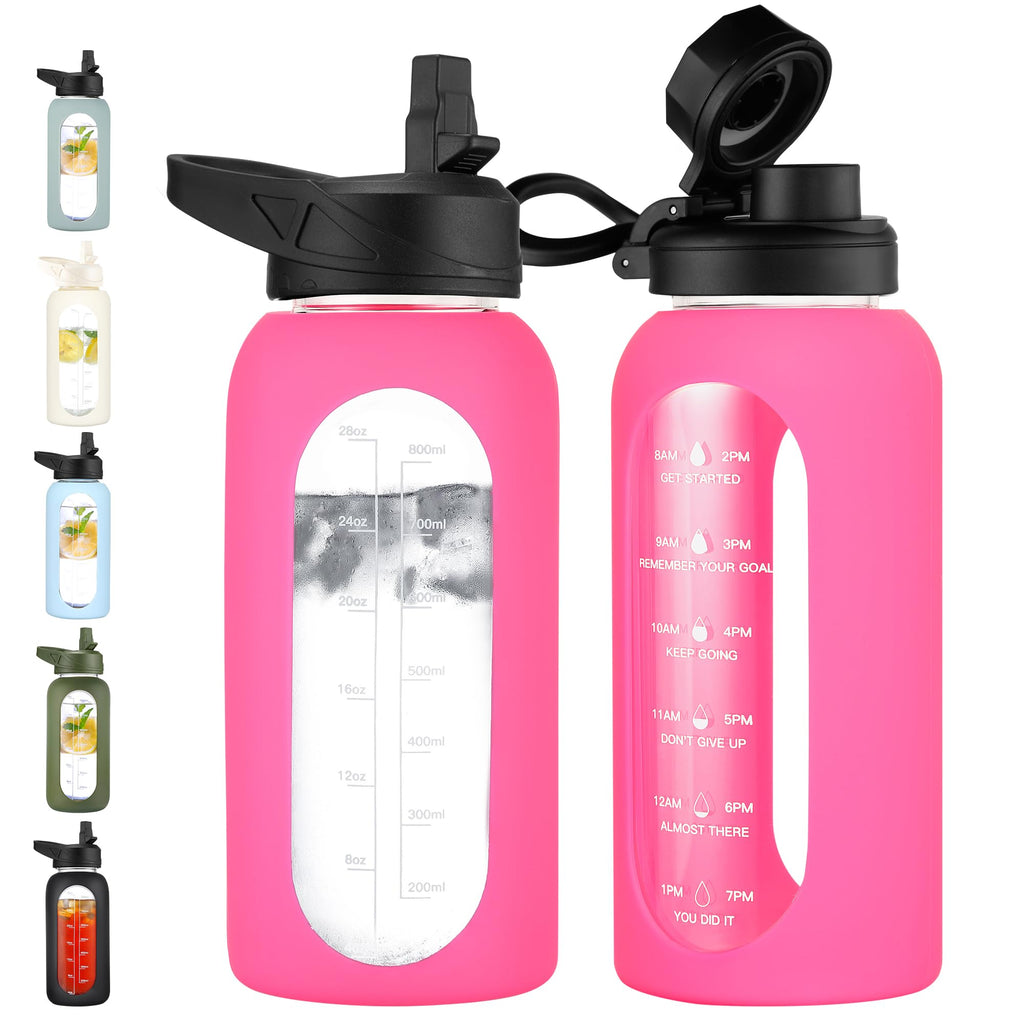 40 oz Glass Water Bottle with Straw & Time Marker – Motivational Bottle with Sleeve
