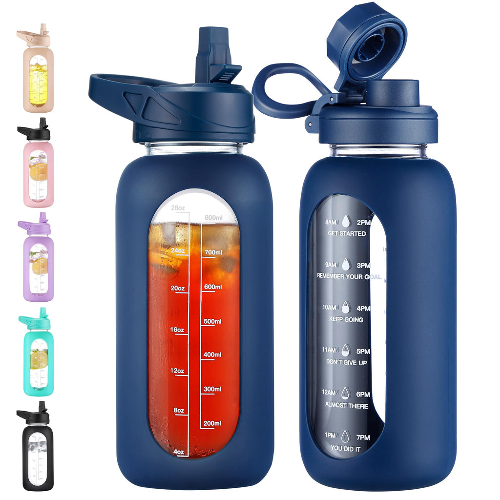 40 oz Glass Water Bottle with Straw & Time Marker – Motivational Bottle with Sleeve