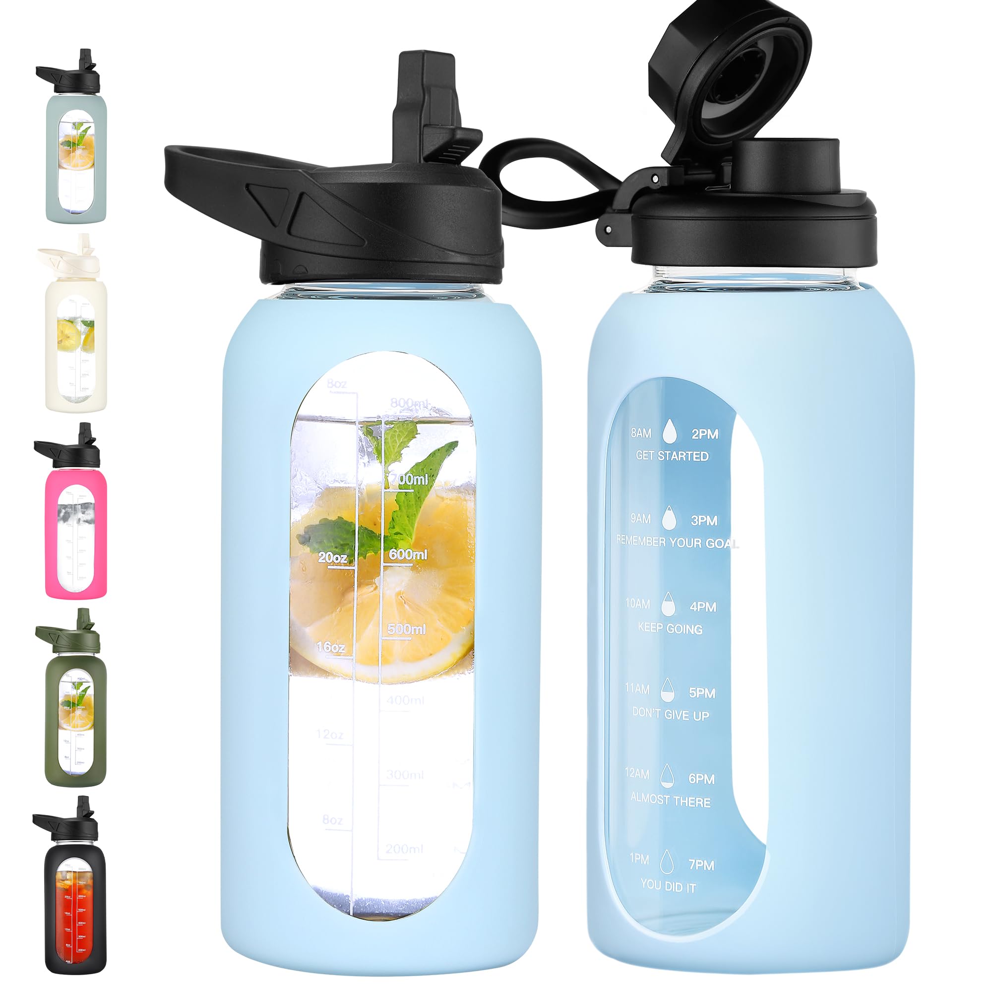40 oz Glass Water Bottle with Straw & Time Marker – Motivational Bottle with Sleeve