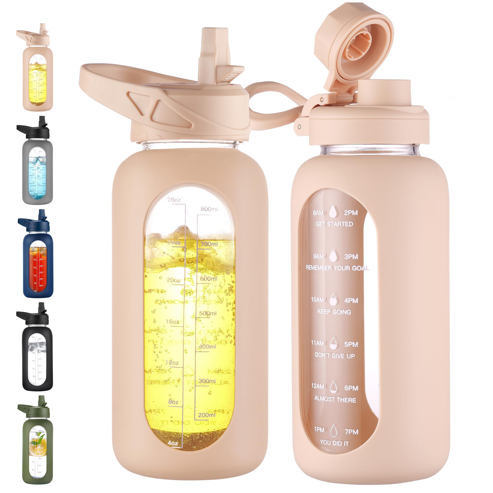 40 oz Glass Water Bottle with Straw & Time Marker – Motivational Bottle with Sleeve