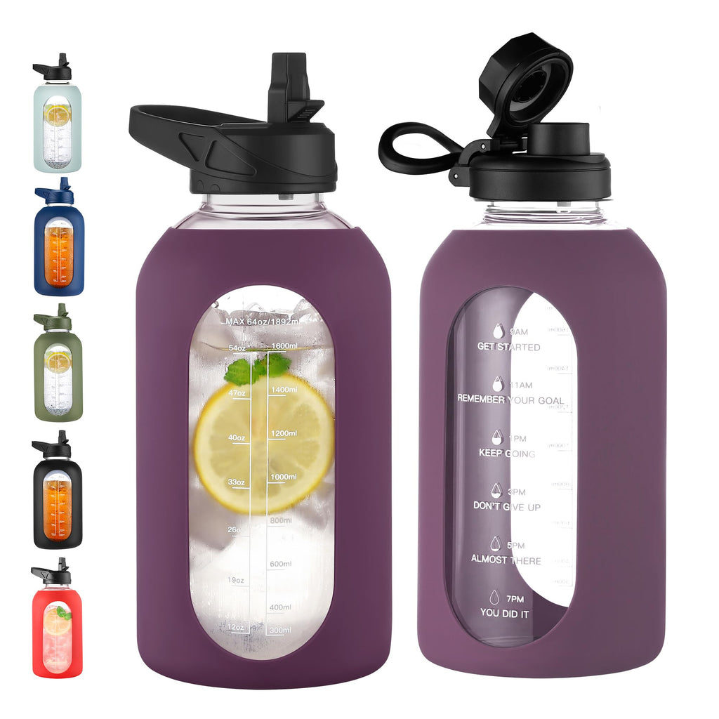 40 oz Glass Water Bottle with Straw & Time Marker – Motivational Bottle with Sleeve