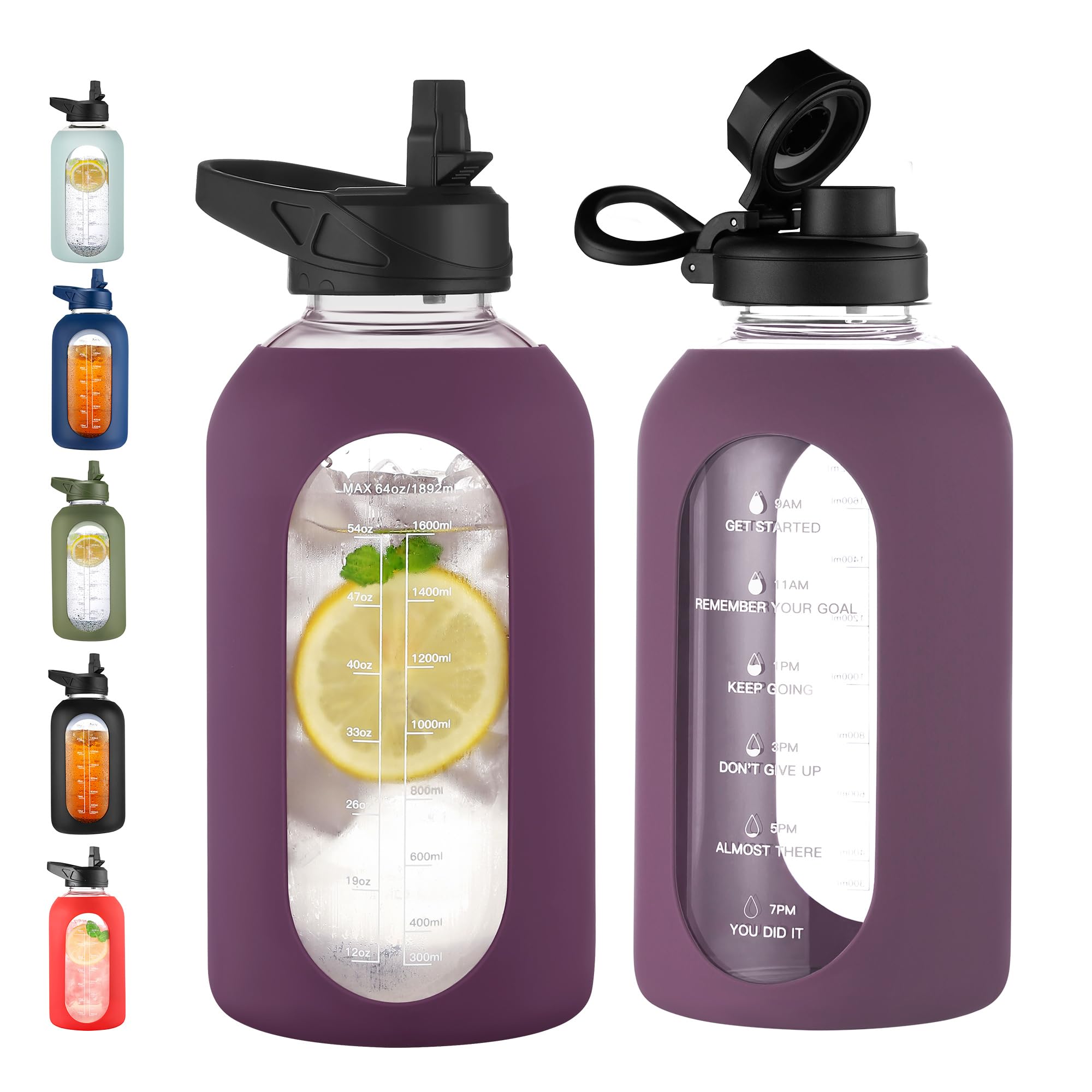 40 oz Glass Water Bottle with Straw & Time Marker – Motivational Bottle with Sleeve