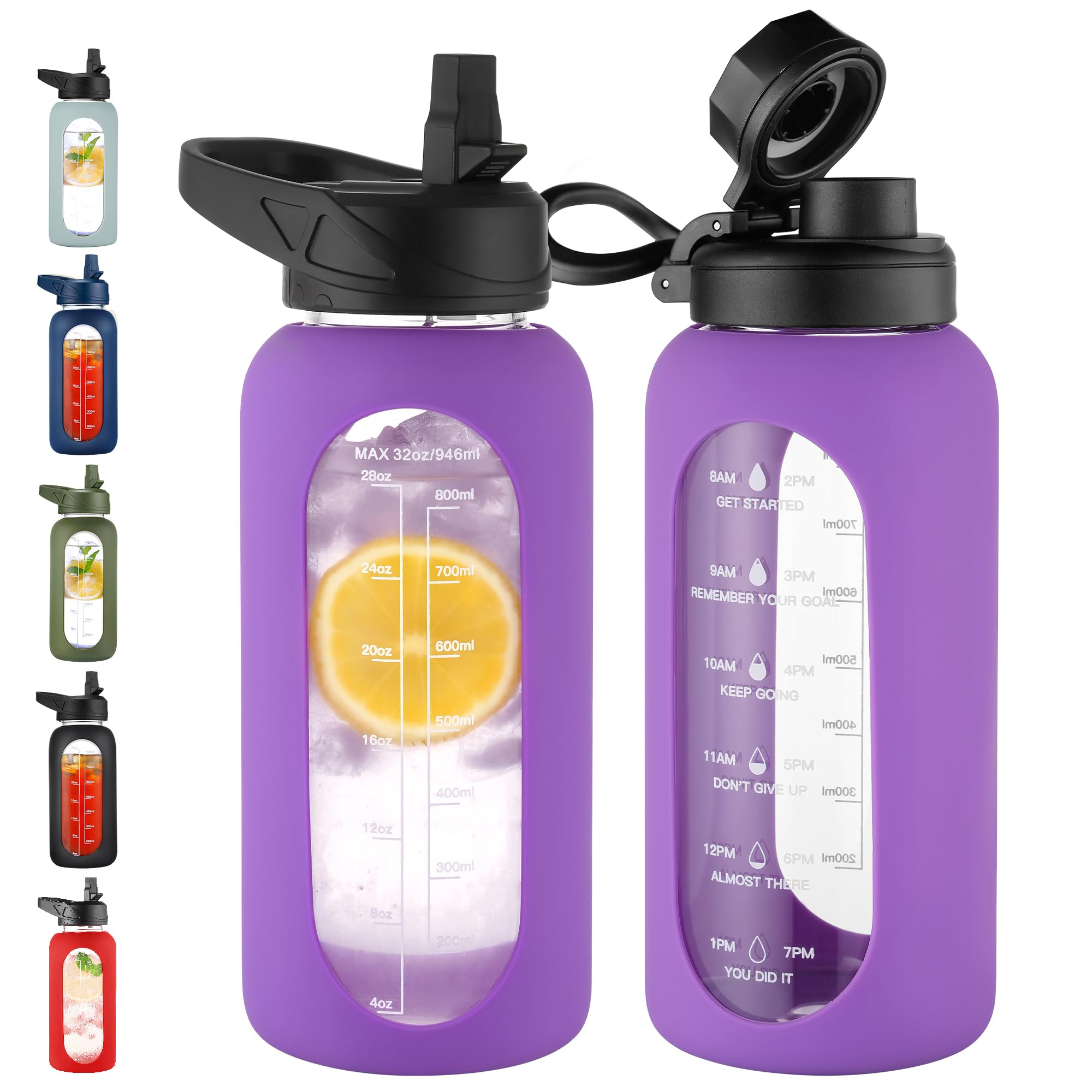 40 oz Glass Water Bottle with Straw & Time Marker – Motivational Bottle with Sleeve