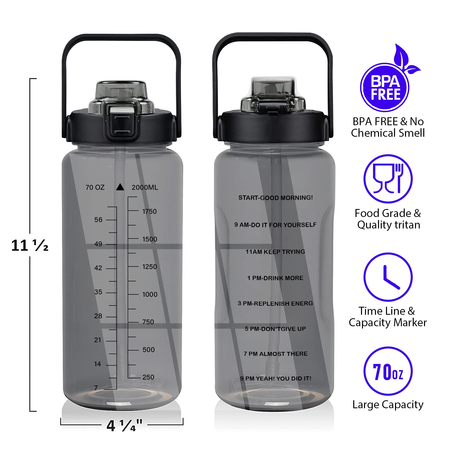 Half Gallon Water Bottle with Sleeve – 64 oz Motivational Bottle with Straw & Time Marker