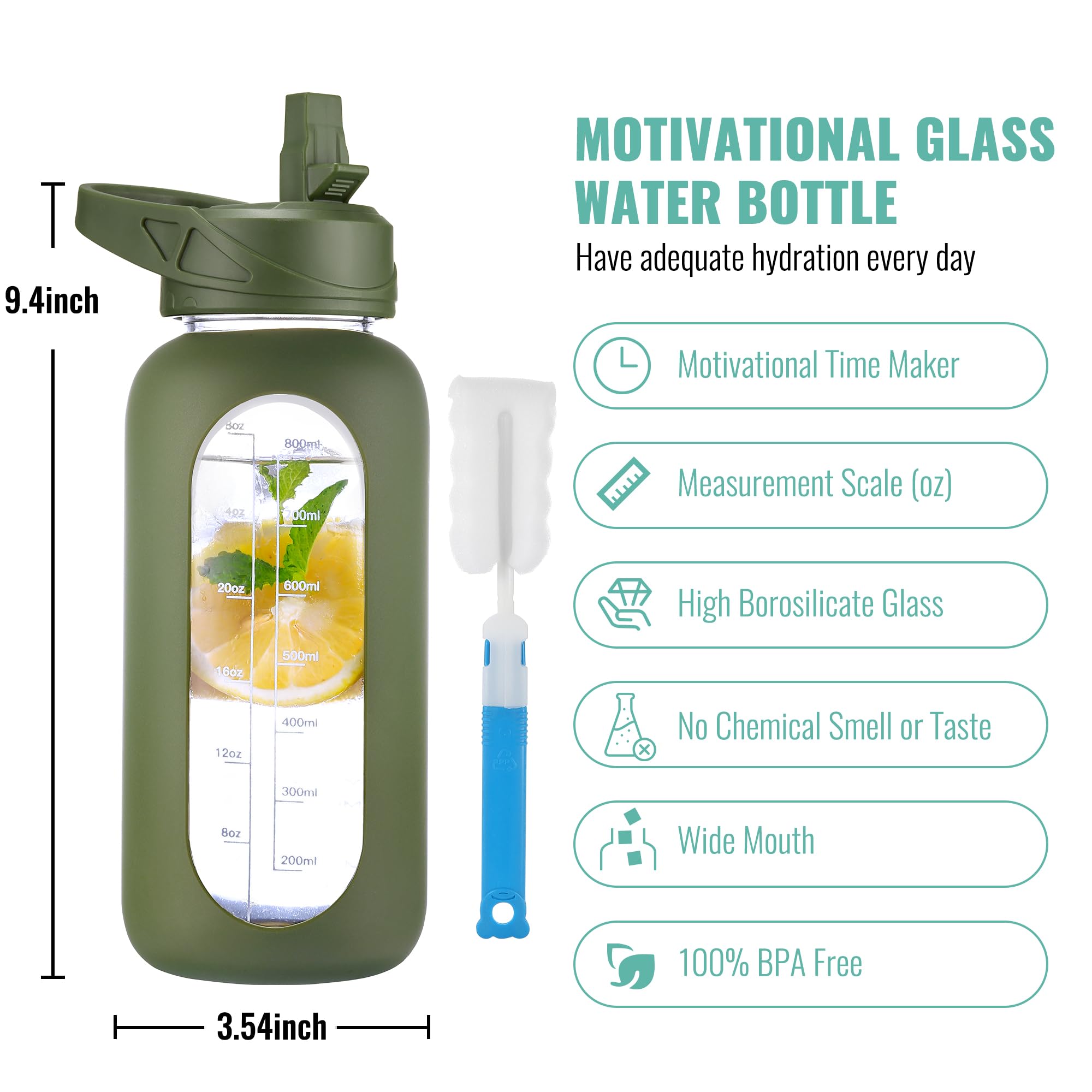 40 oz Glass Water Bottle with Straw & Time Marker – Motivational Bottle with Sleeve