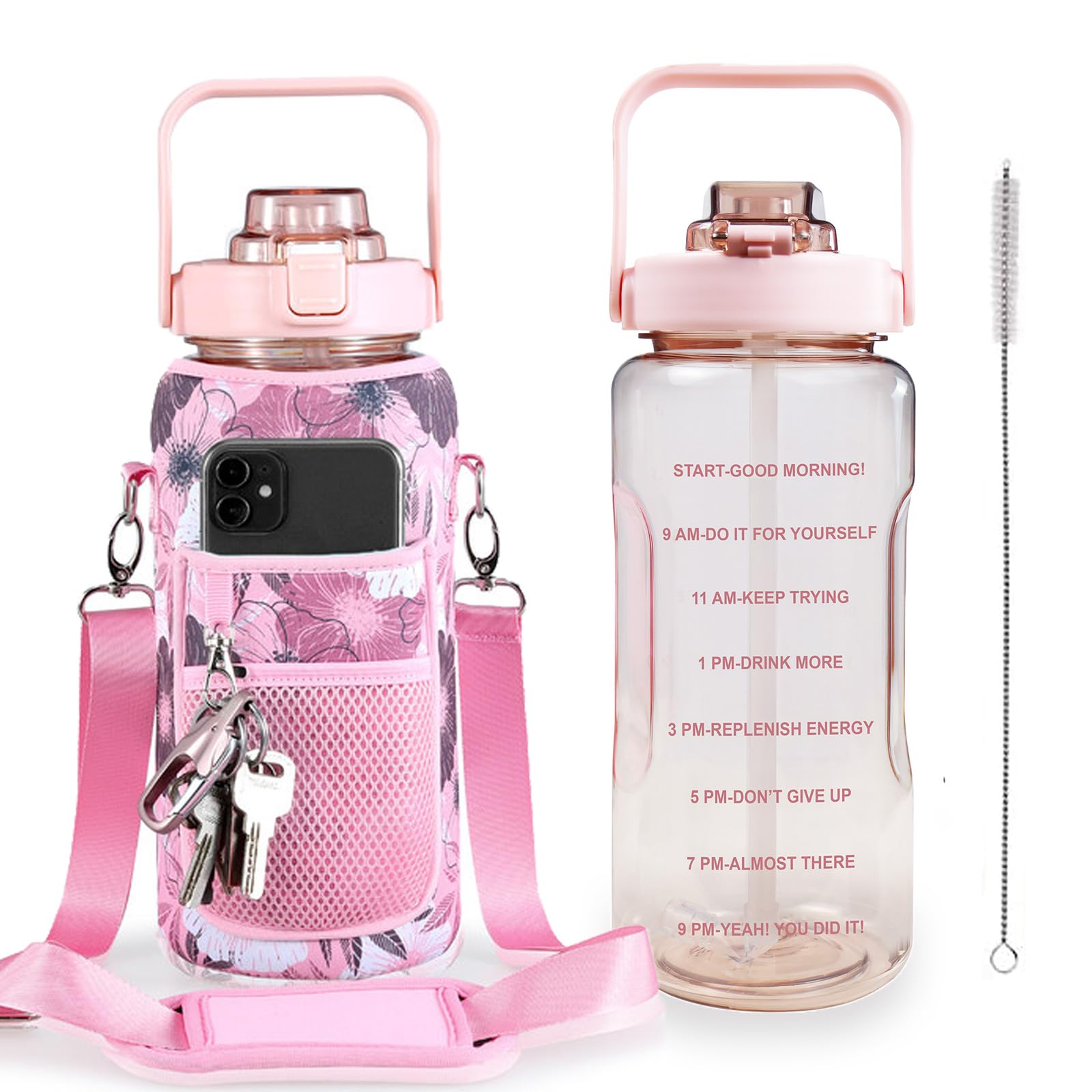 Half Gallon Water Bottle with Sleeve – 64 oz Motivational Bottle with Straw & Time Marker