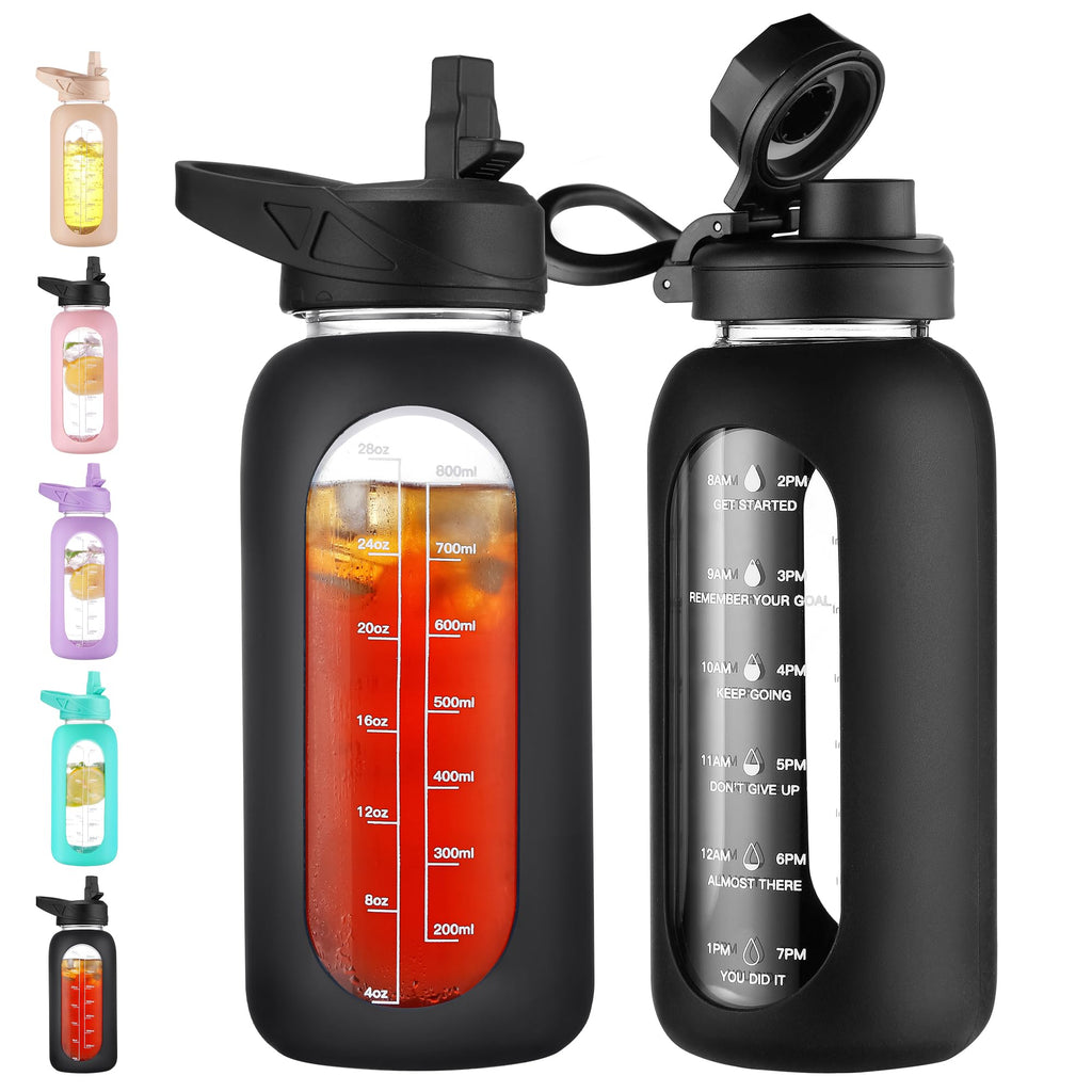 40 oz Glass Water Bottle with Straw & Time Marker – Motivational Bottle with Sleeve