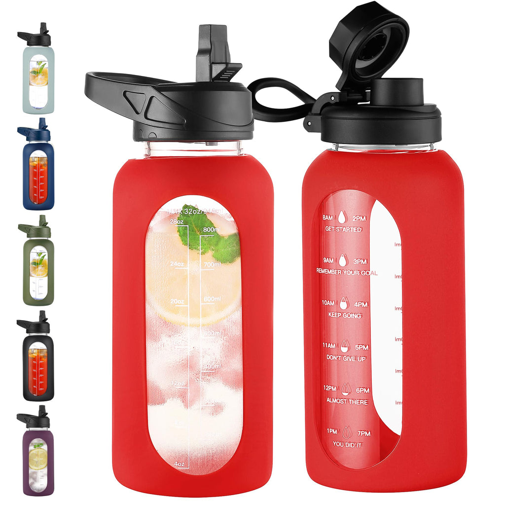 40 oz Glass Water Bottle with Straw & Time Marker – Motivational Bottle with Sleeve