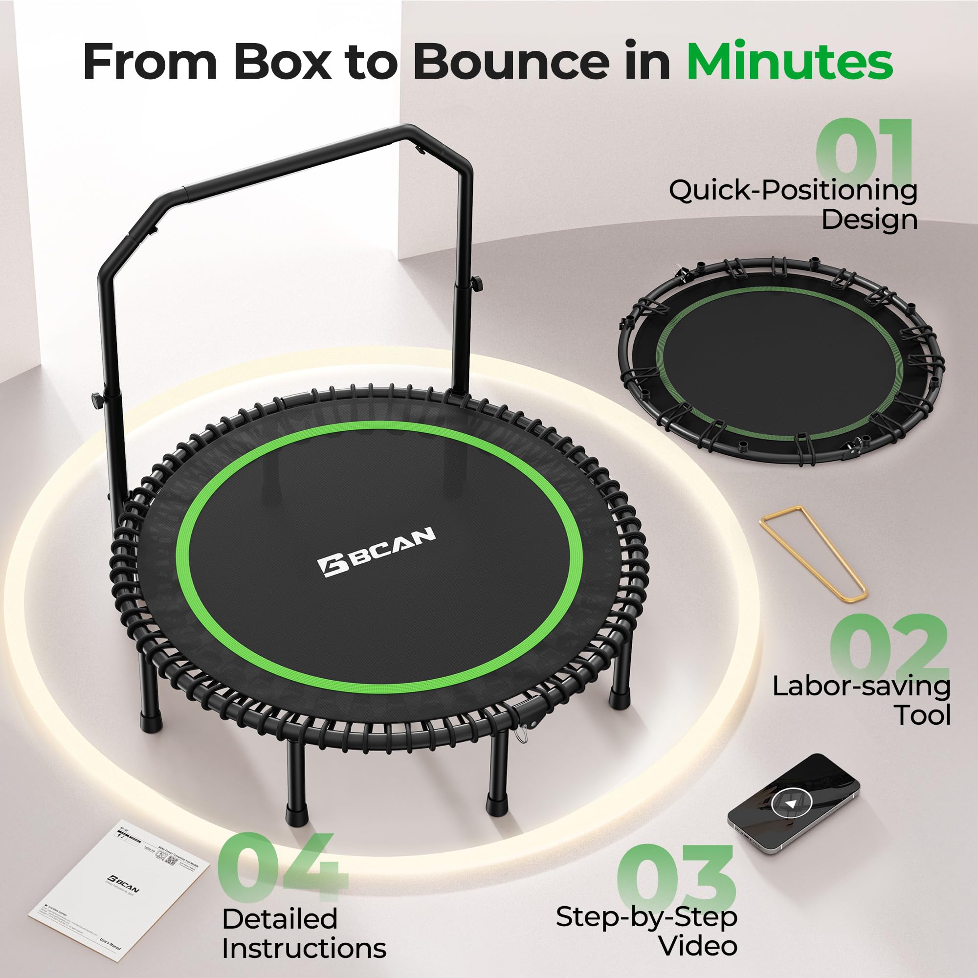 Mini Rebounder Trampoline for Adults – Fitness Trampoline with Adjustable Handle Bar