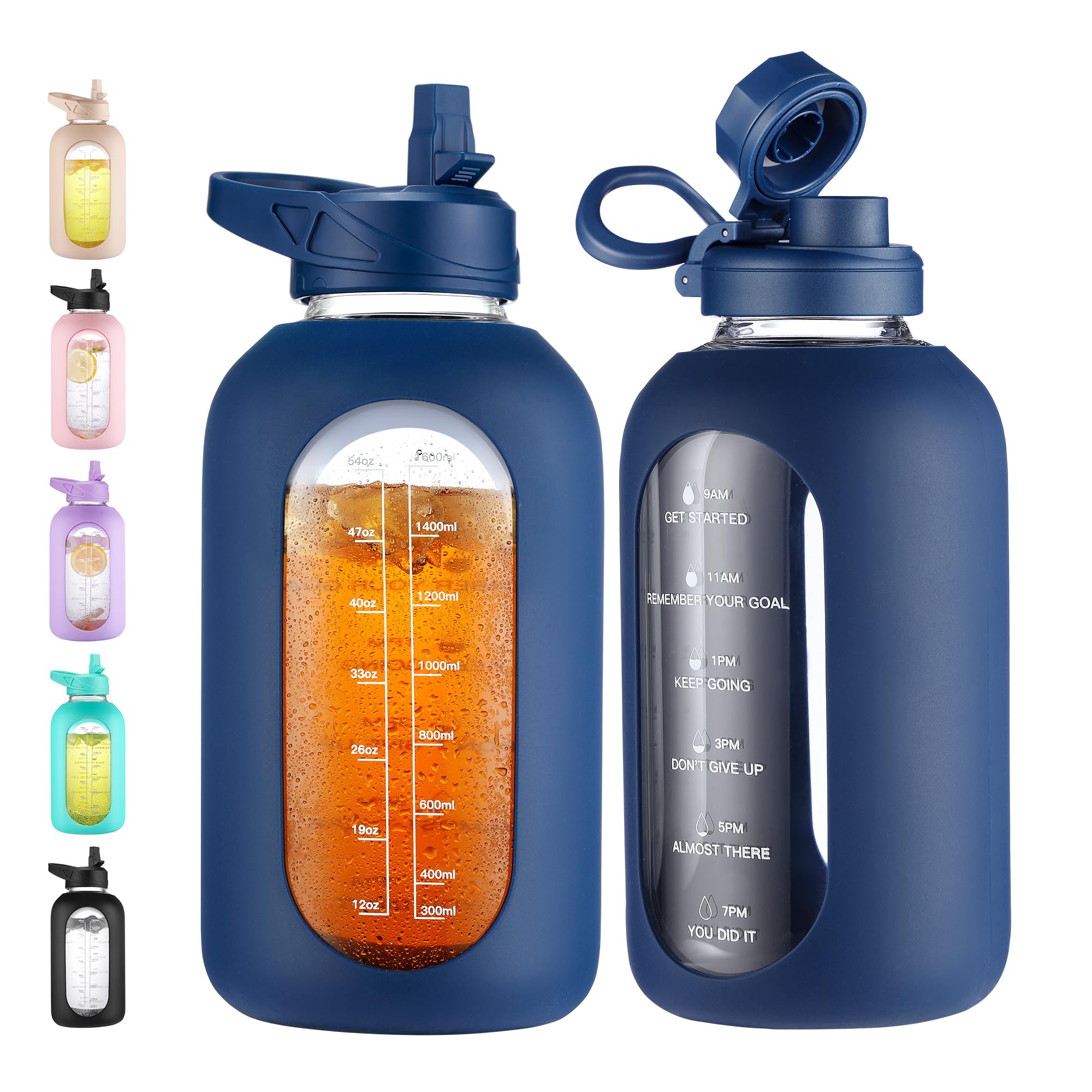 40 oz Glass Water Bottle with Straw & Time Marker – Motivational Bottle with Sleeve