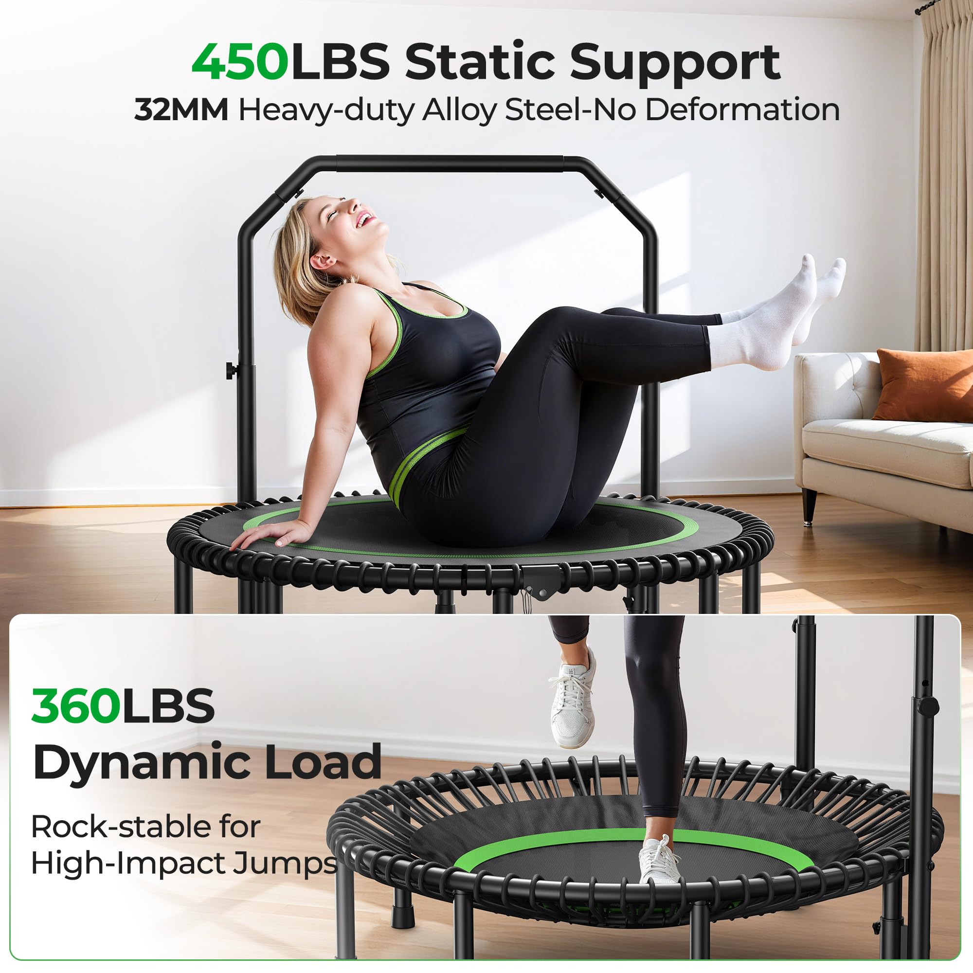 Mini Rebounder Trampoline for Adults – Fitness Trampoline with Adjustable Handle Bar