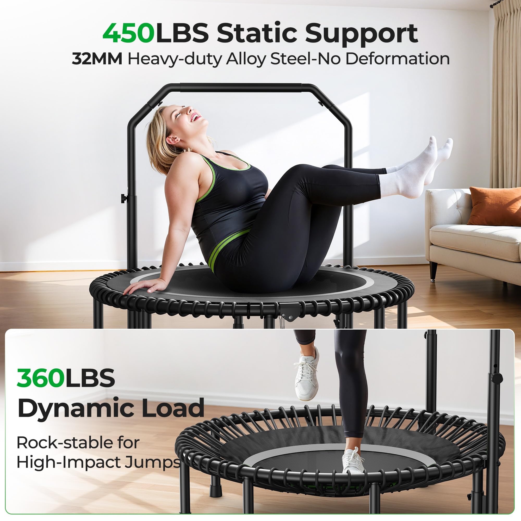 Mini Rebounder Trampoline for Adults – Fitness Trampoline with Adjustable Handle Bar
