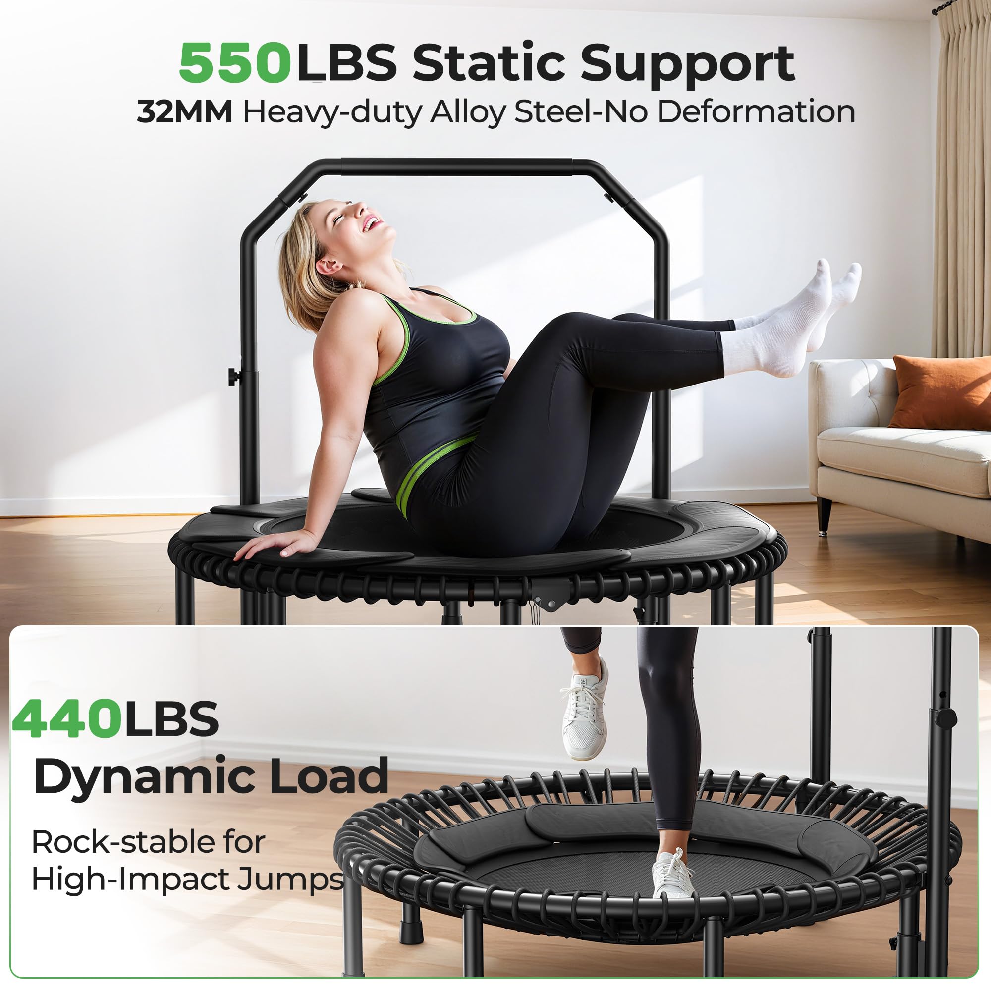 Mini Rebounder Trampoline for Adults – Fitness Trampoline with Adjustable Handle Bar