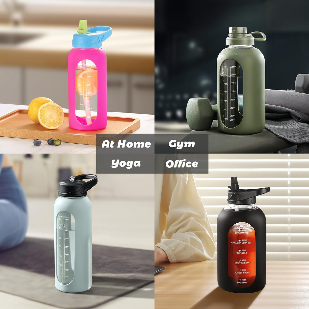40 oz Glass Water Bottle with Straw & Time Marker – Motivational Bottle with Sleeve