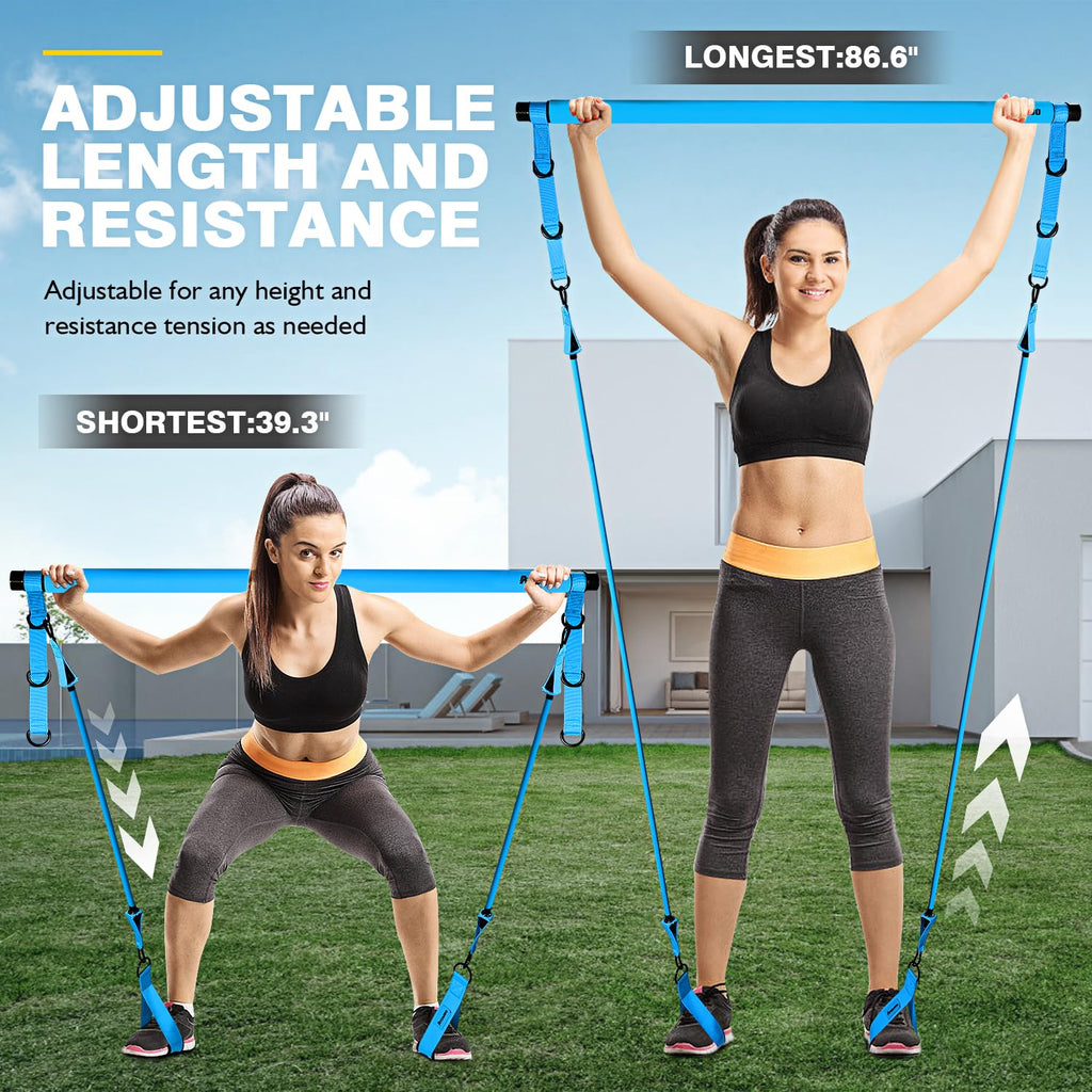 Pilates Bar Kit with Resistance Bands – Adjustable 3-Section Home Workout Set