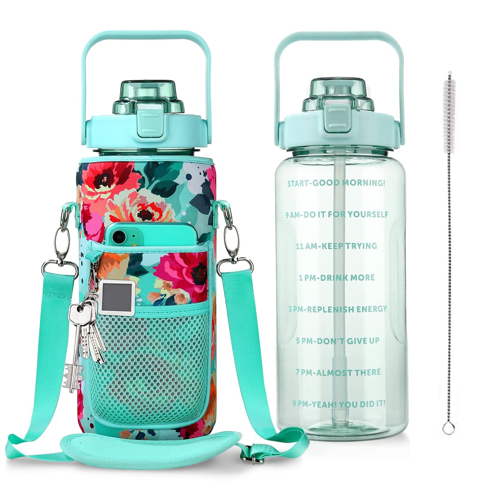 Half Gallon Water Bottle with Sleeve – 64 oz Motivational Bottle with Straw & Time Marker