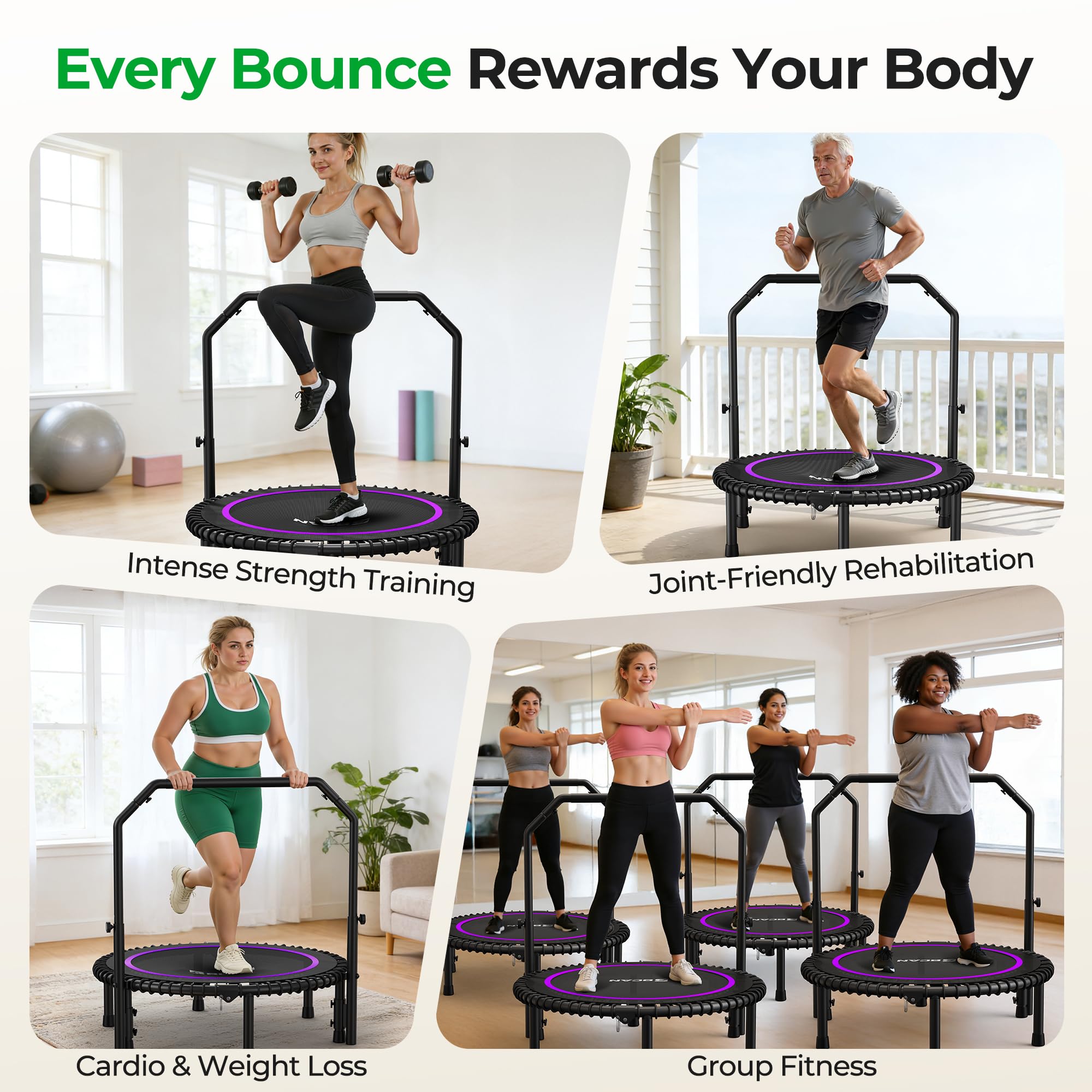 Mini Rebounder Trampoline for Adults – Fitness Trampoline with Adjustable Handle Bar