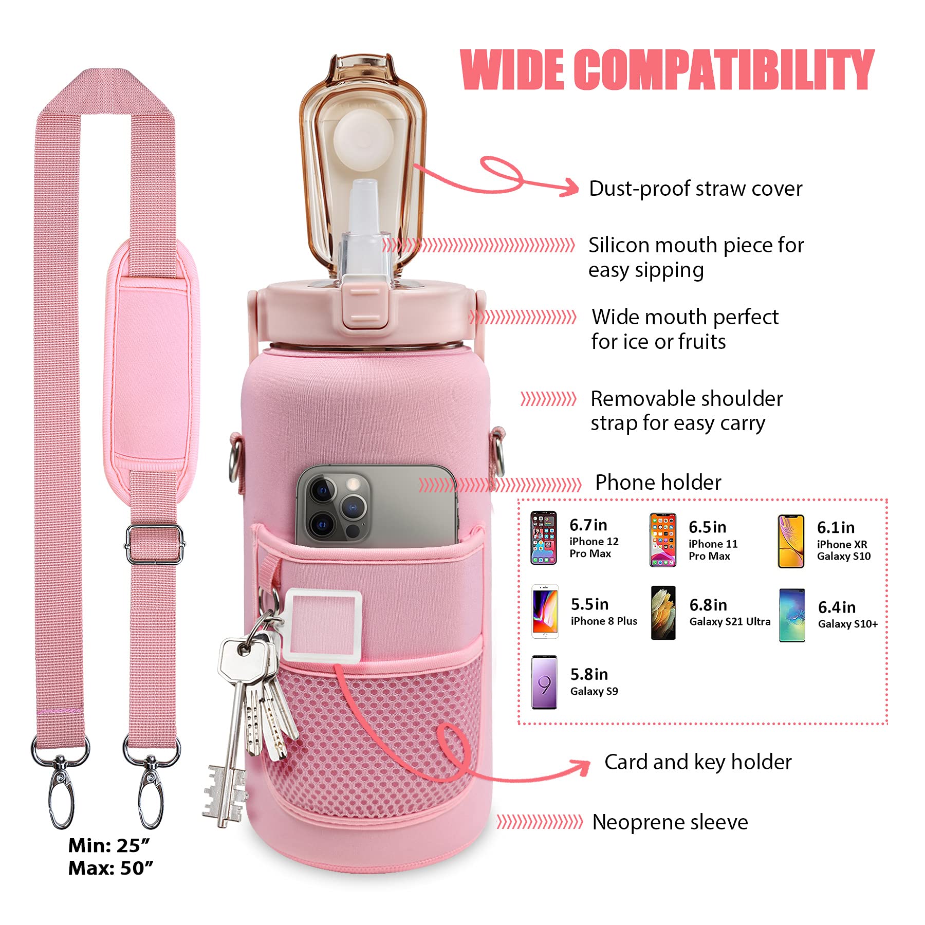 Half Gallon Water Bottle with Sleeve – 64 oz Motivational Bottle with Straw & Time Marker