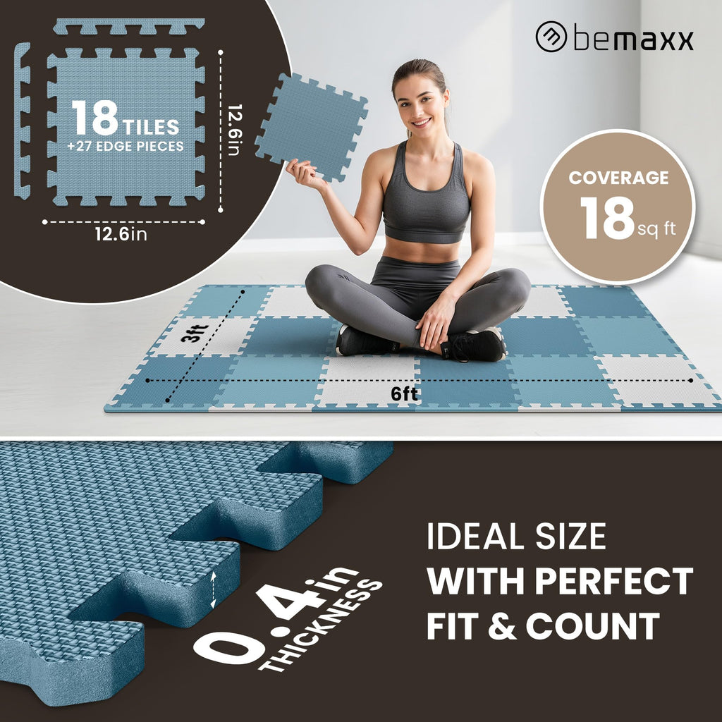 Gym Floor Mats Set – 18 EVA Interlocking Foam Tiles, 18 sq ft Protective Flooring