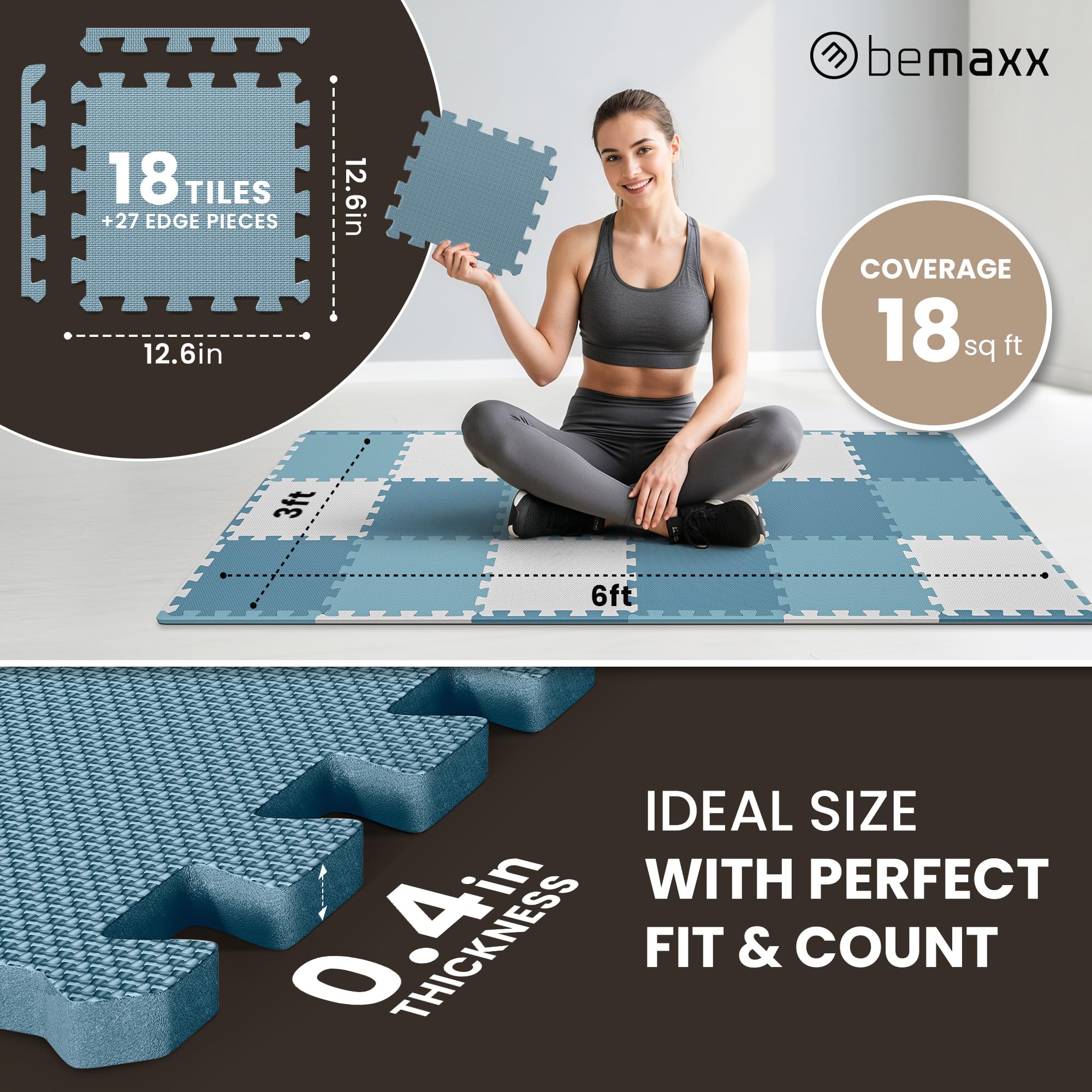 Gym Floor Mats Set – 18 EVA Interlocking Foam Tiles, 18 sq ft Protective Flooring