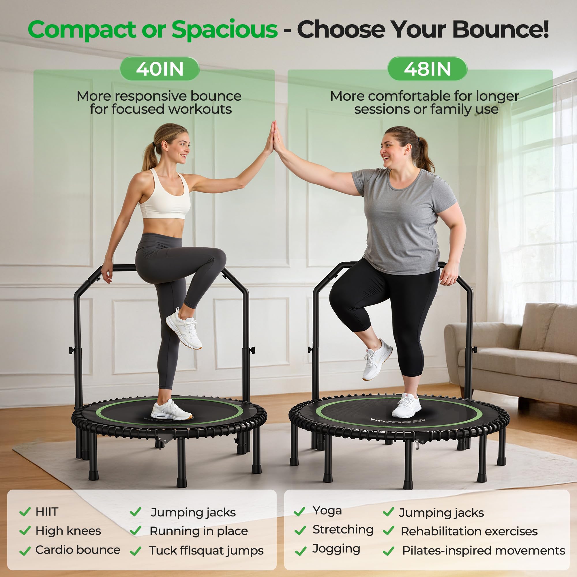Mini Rebounder Trampoline for Adults – Fitness Trampoline with Adjustable Handle Bar
