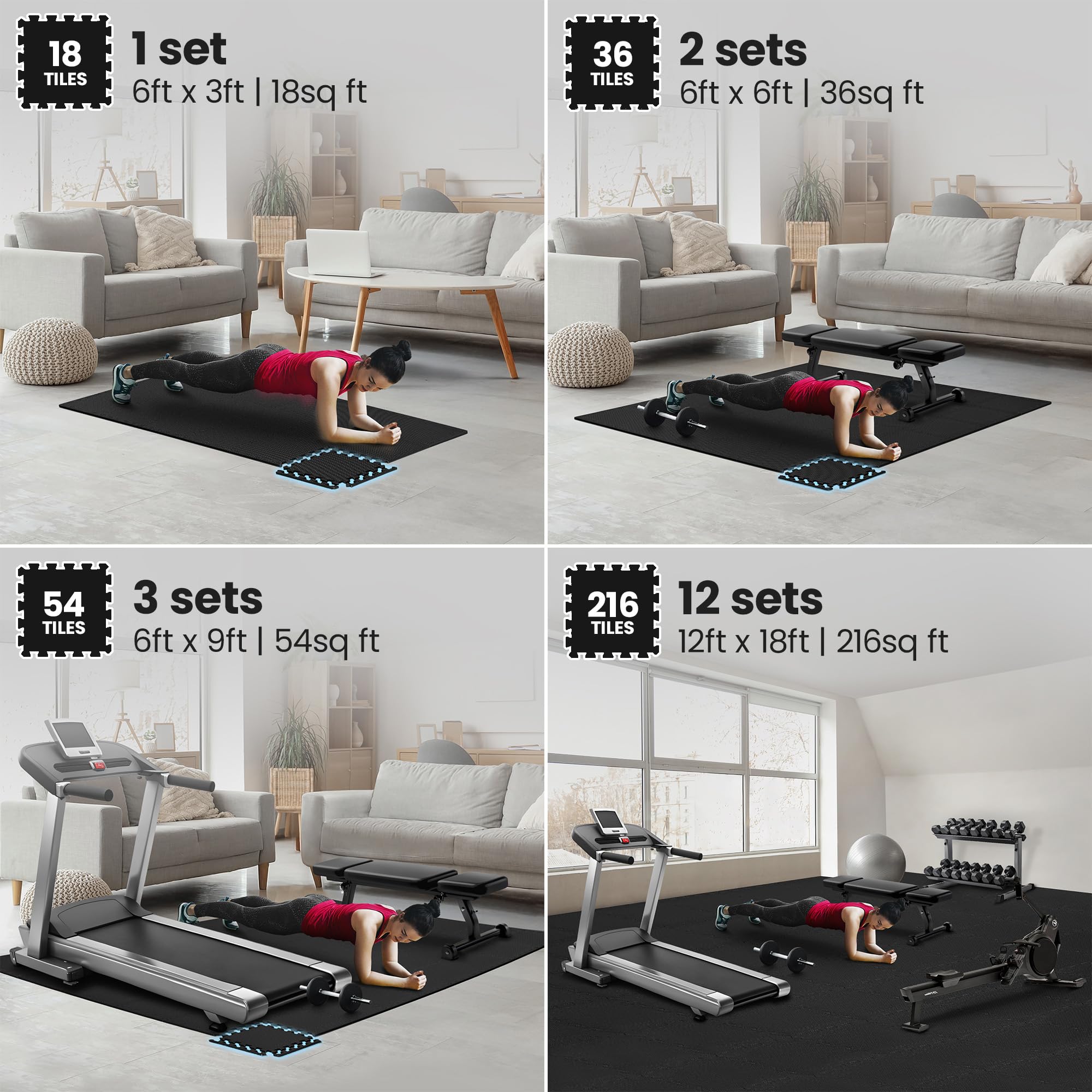 Gym Floor Mats Set – 18 EVA Interlocking Foam Tiles, 18 sq ft Protective Flooring