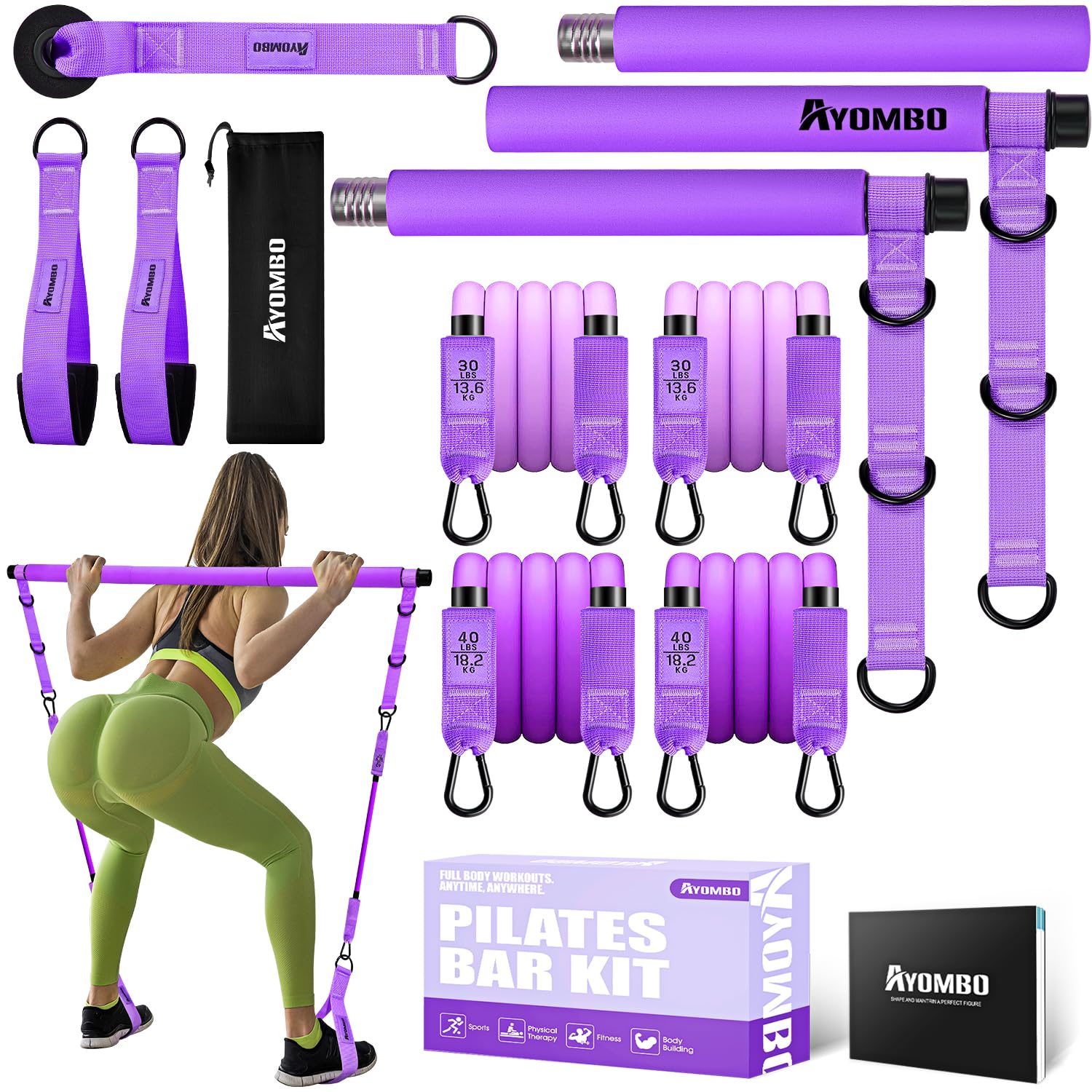 Pilates Bar Kit with Resistance Bands – Adjustable 3-Section Home Workout Set