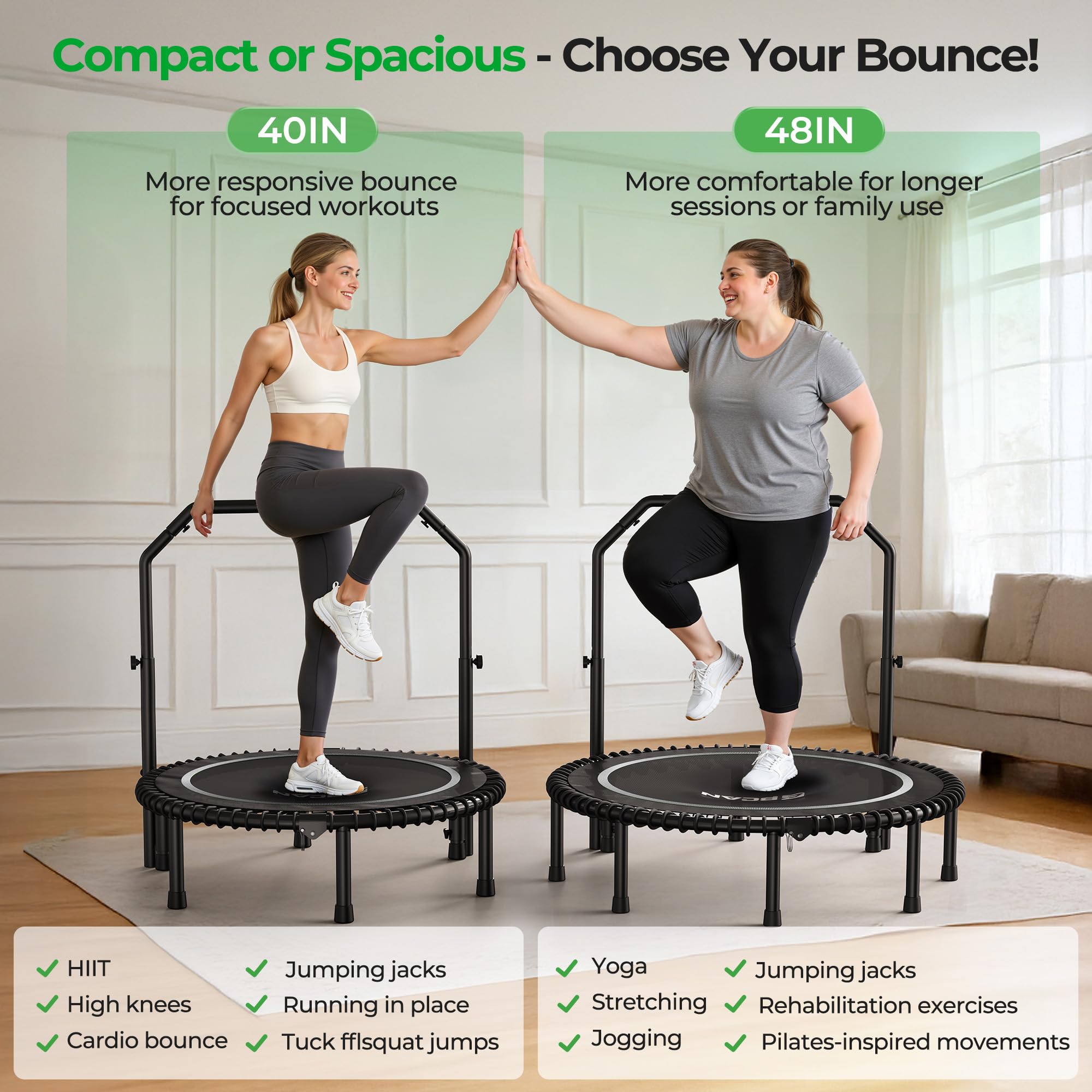 Mini Rebounder Trampoline for Adults – Fitness Trampoline with Adjustable Handle Bar