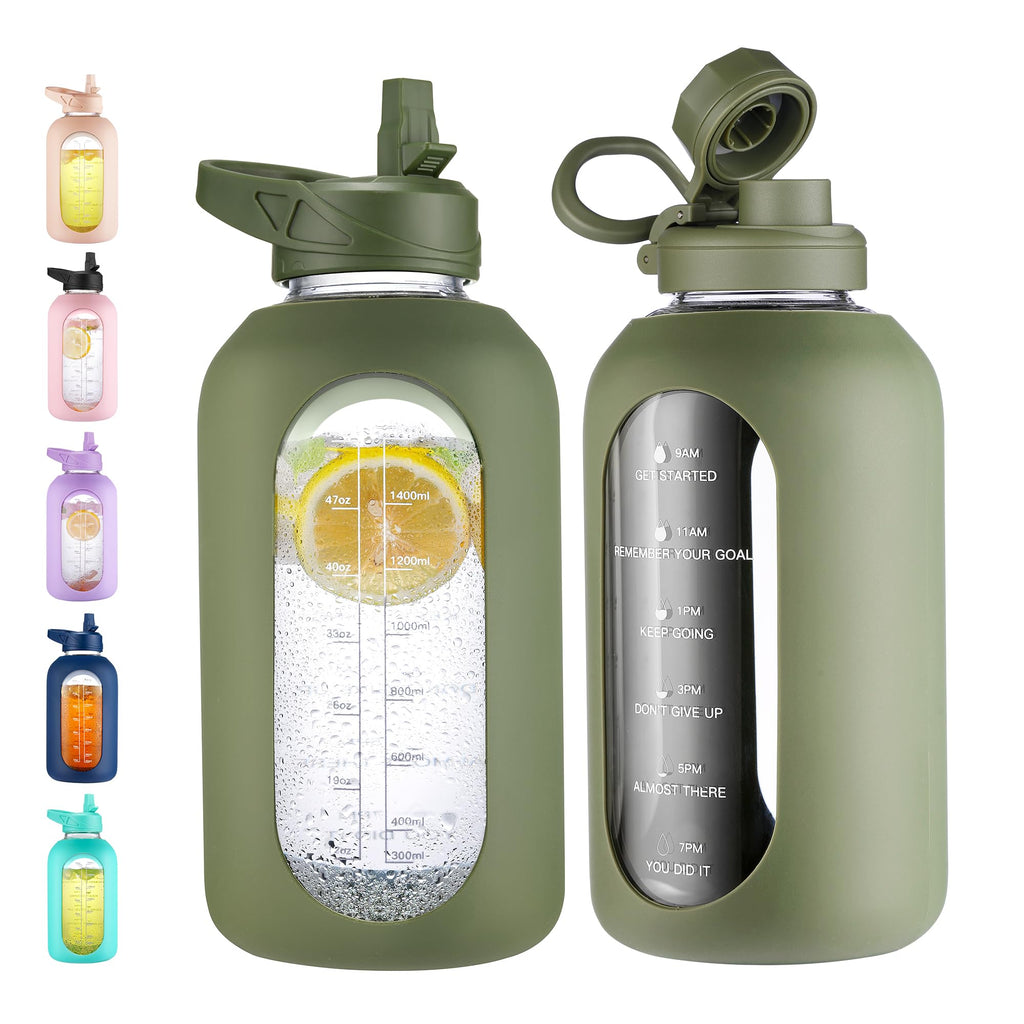 40 oz Glass Water Bottle with Straw & Time Marker – Motivational Bottle with Sleeve
