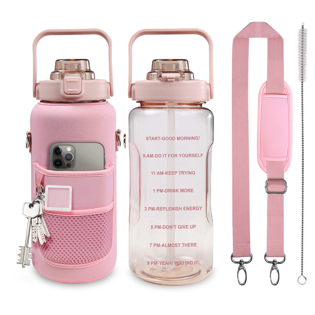 Half Gallon Water Bottle with Sleeve – 64 oz Motivational Bottle with Straw & Time Marker