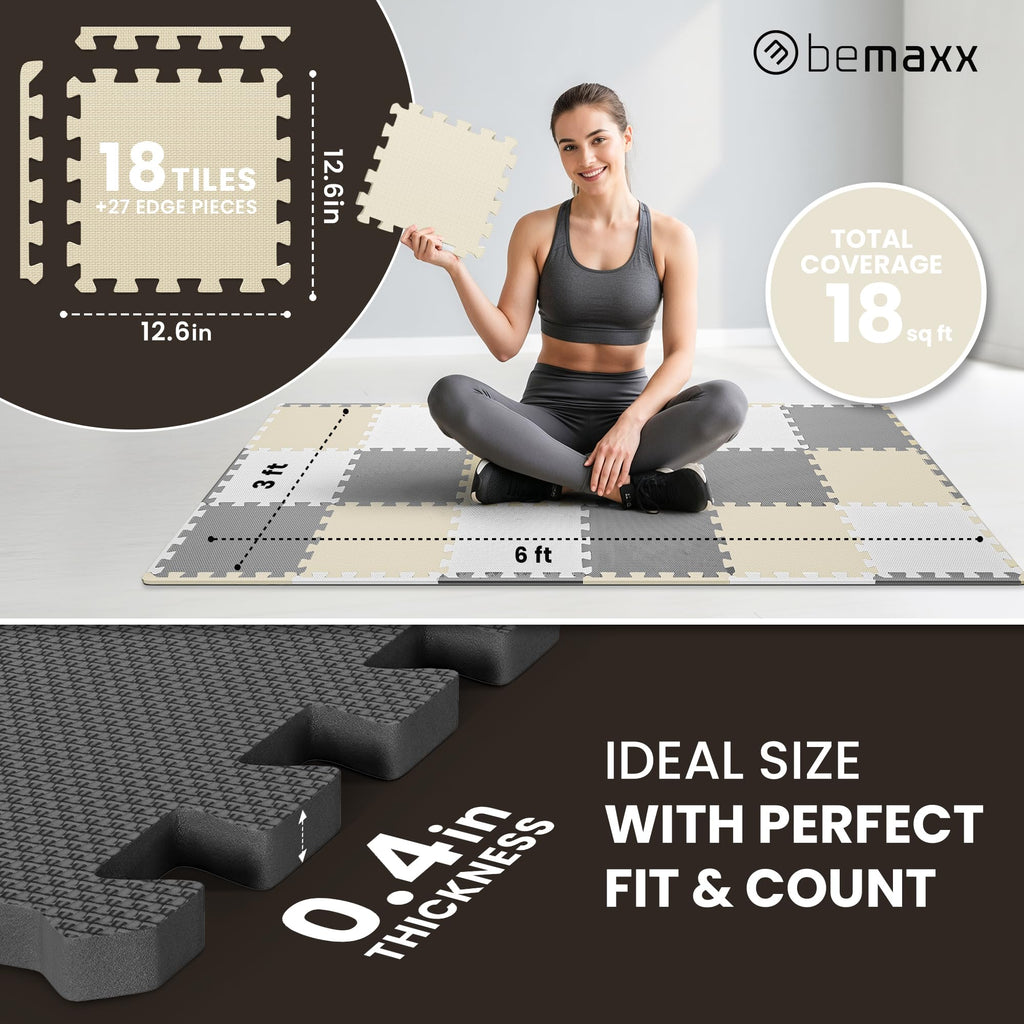 Gym Floor Mats Set – 18 EVA Interlocking Foam Tiles, 18 sq ft Protective Flooring