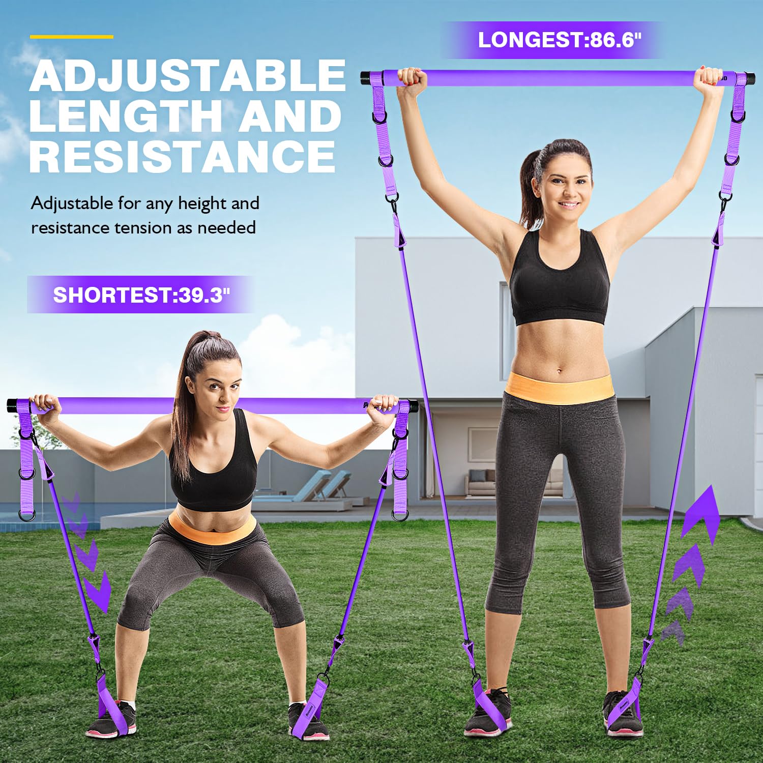 Pilates Bar Kit with Resistance Bands – Adjustable 3-Section Home Workout Set