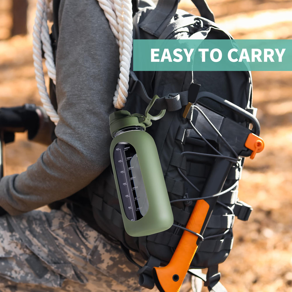 40 oz Glass Water Bottle with Straw & Time Marker – Motivational Bottle with Sleeve