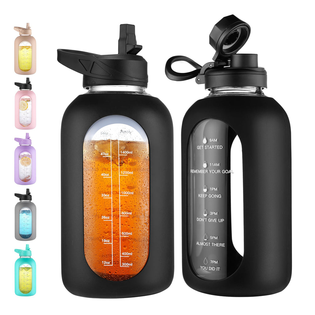 40 oz Glass Water Bottle with Straw & Time Marker – Motivational Bottle with Sleeve