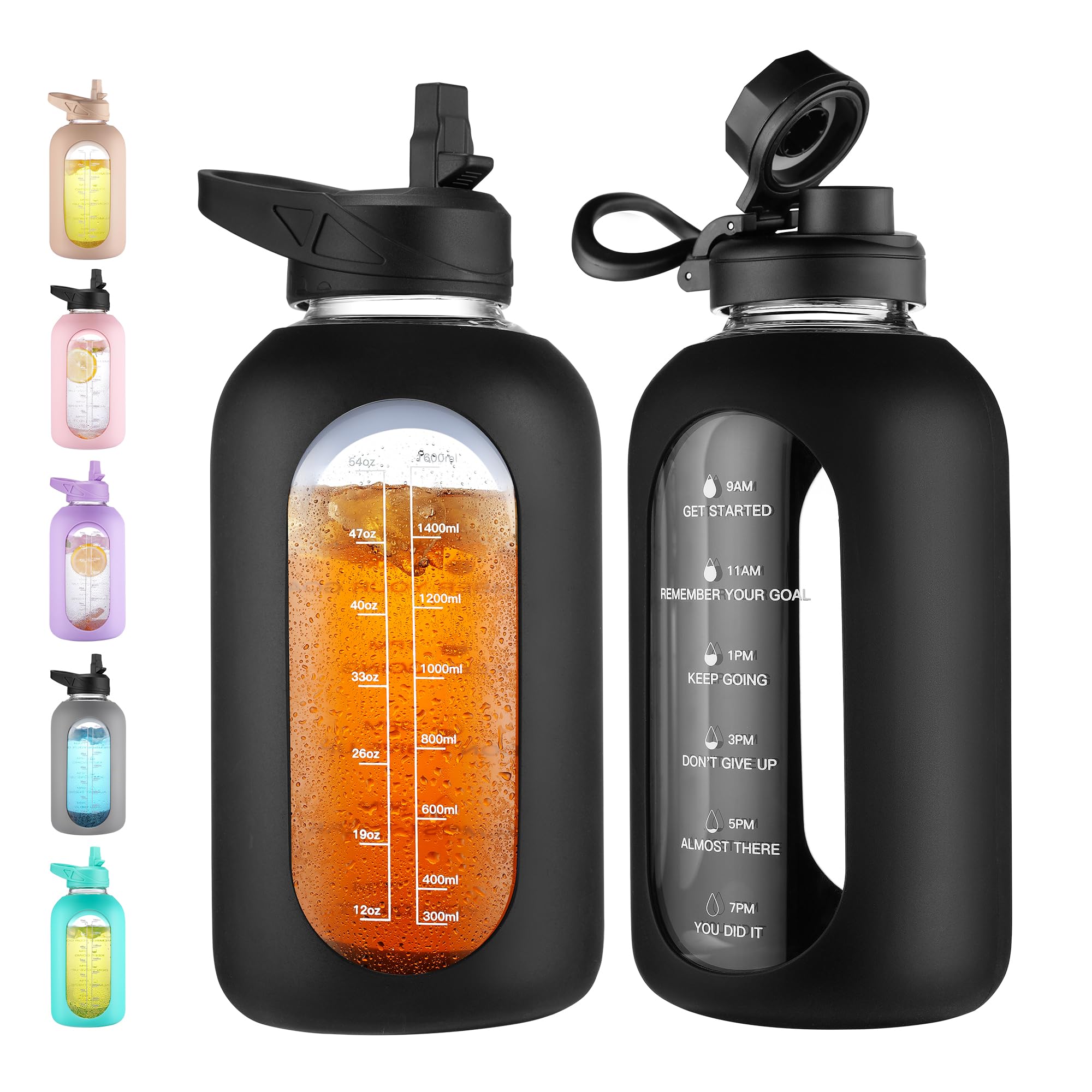 40 oz Glass Water Bottle with Straw & Time Marker – Motivational Bottle with Sleeve