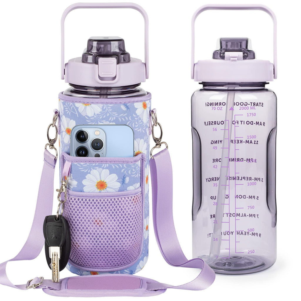 Half Gallon Water Bottle with Sleeve – 64 oz Motivational Bottle with Straw & Time Marker