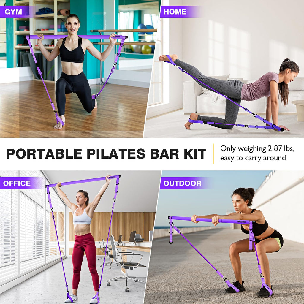 Pilates Bar Kit with Resistance Bands – Adjustable 3-Section Home Workout Set
