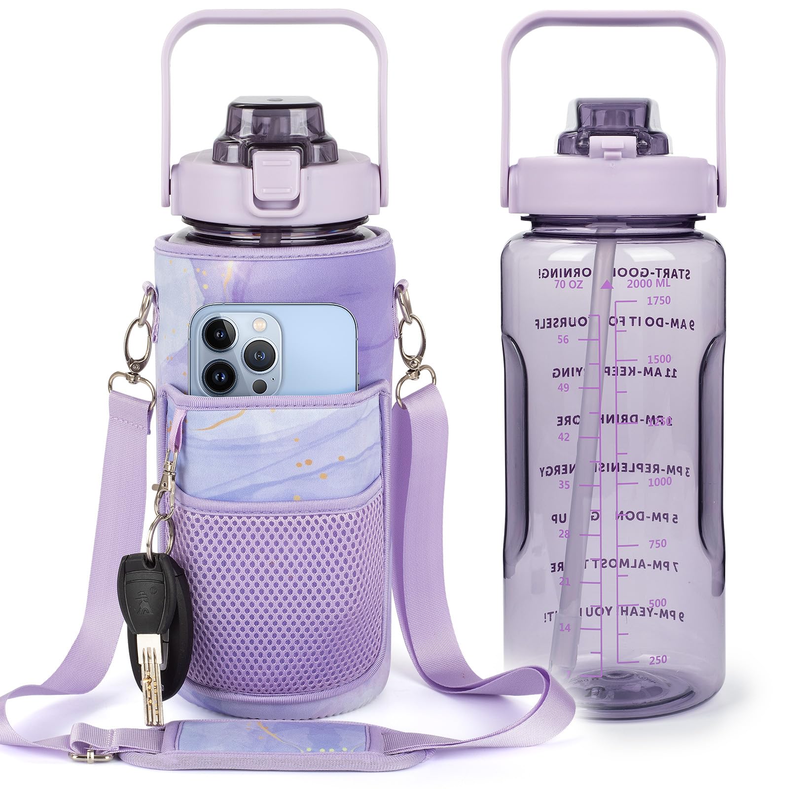 Half Gallon Water Bottle with Sleeve – 64 oz Motivational Bottle with Straw & Time Marker