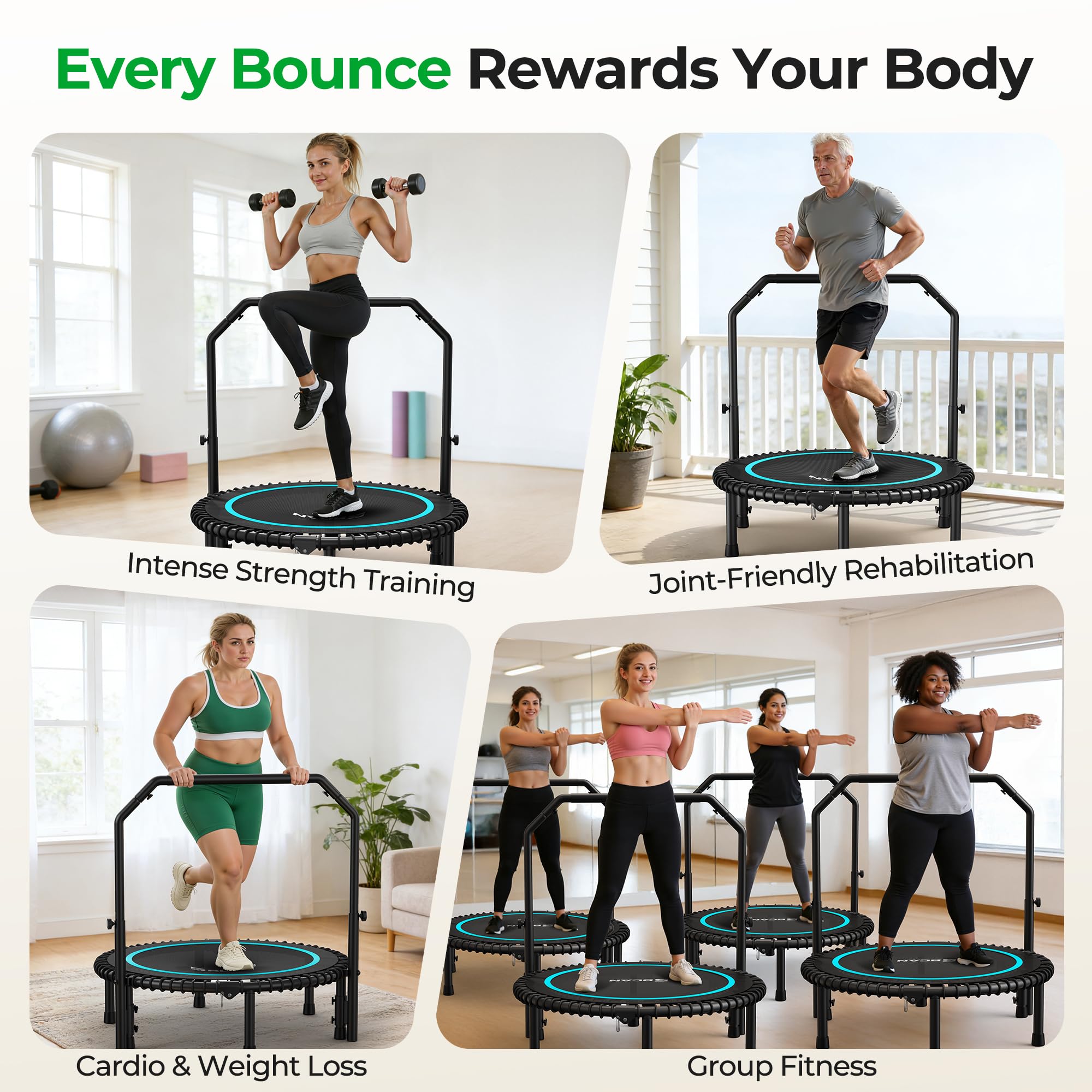 Mini Rebounder Trampoline for Adults – Fitness Trampoline with Adjustable Handle Bar