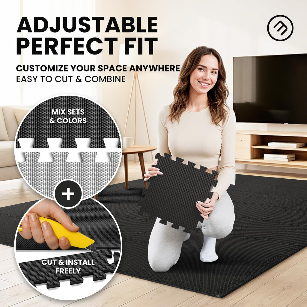 Gym Floor Mats Set – 18 EVA Interlocking Foam Tiles, 18 sq ft Protective Flooring