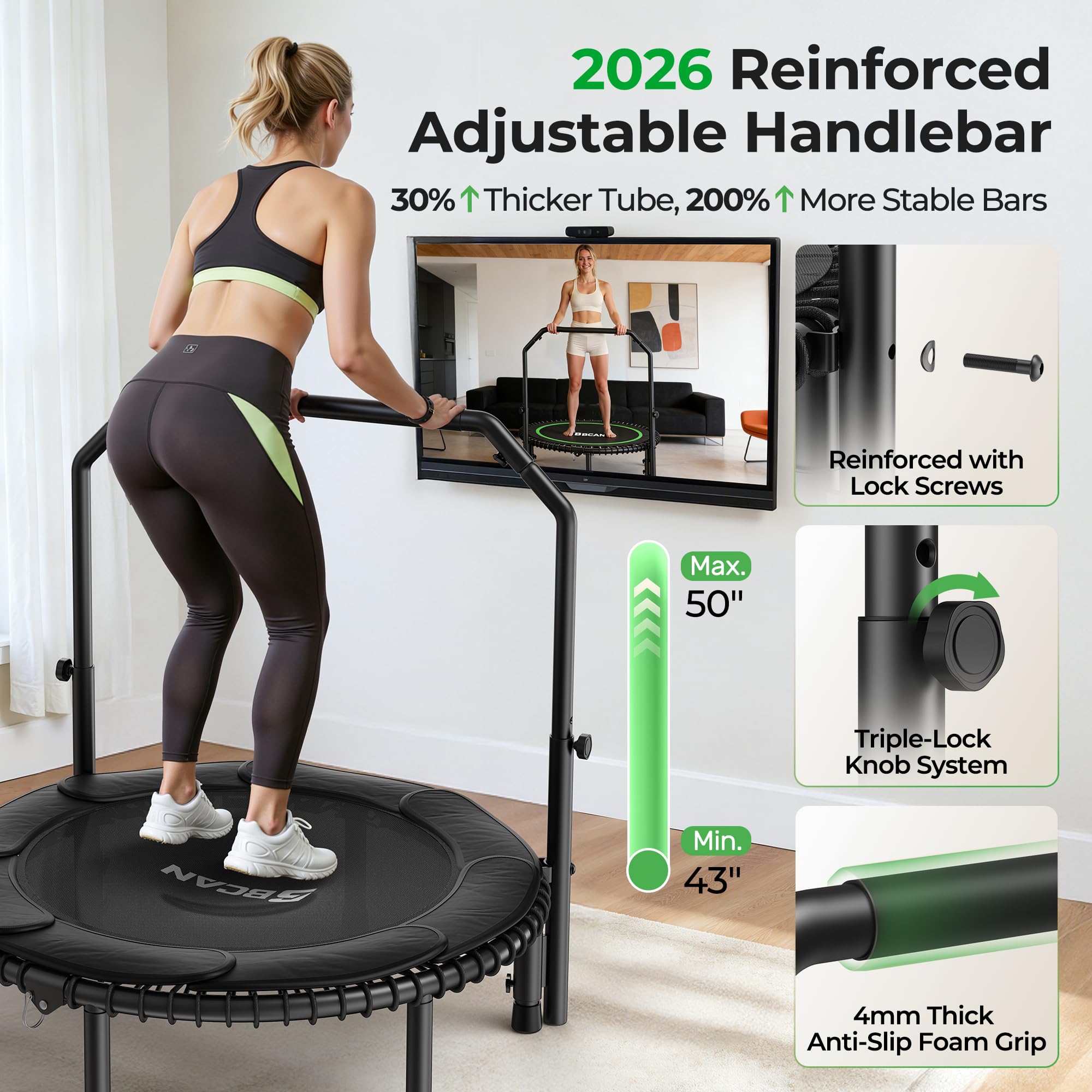 Mini Rebounder Trampoline for Adults – Fitness Trampoline with Adjustable Handle Bar